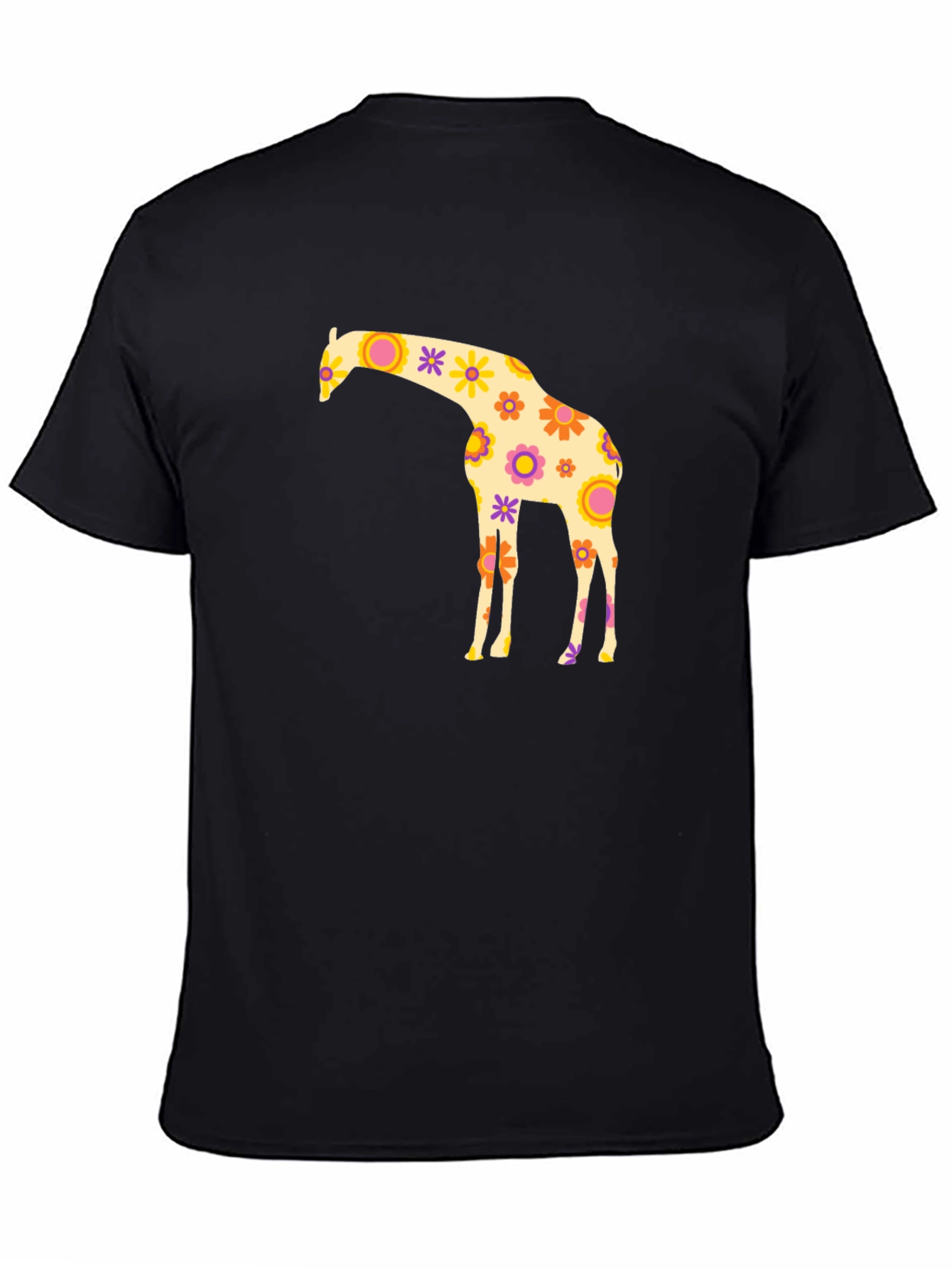 Floral Giraffe Graphic Tee - Black Cotton T-Shirt