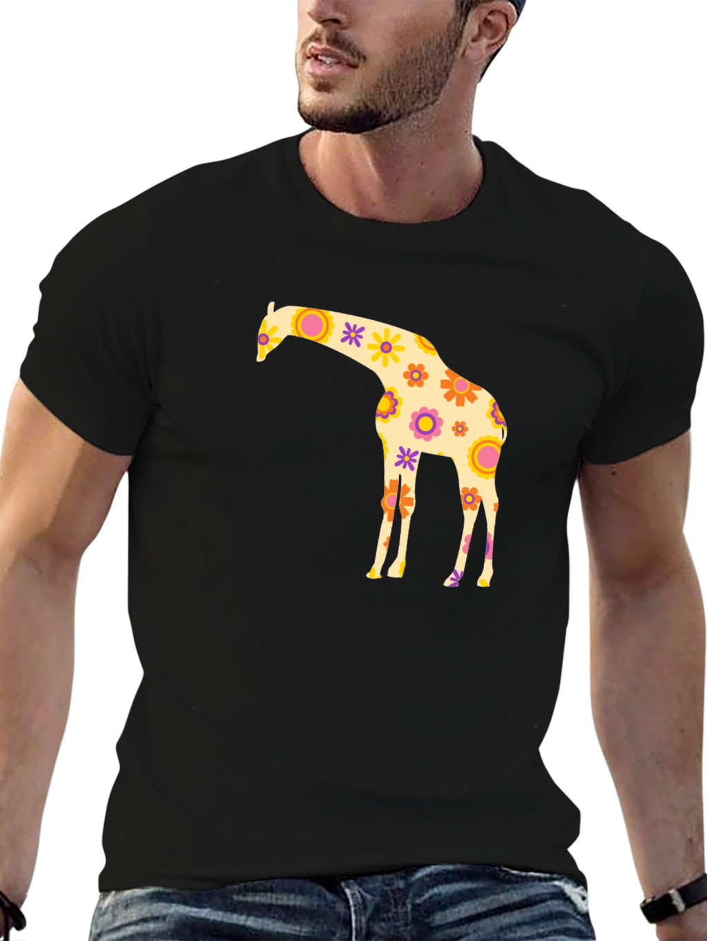 Floral Giraffe Graphic Tee - Black Cotton T-Shirt