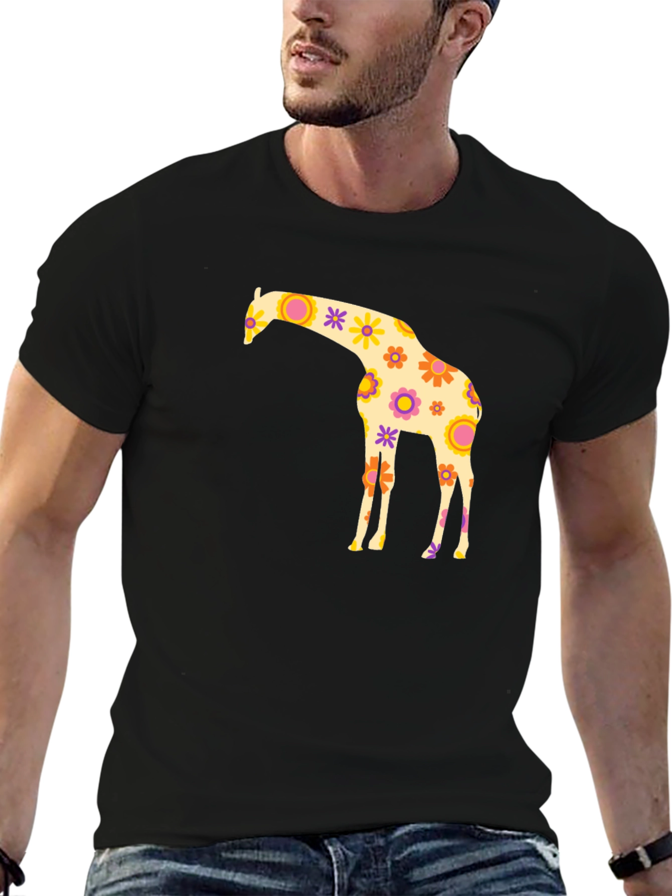 Floral Giraffe Graphic Tee - Black Cotton T-Shirt