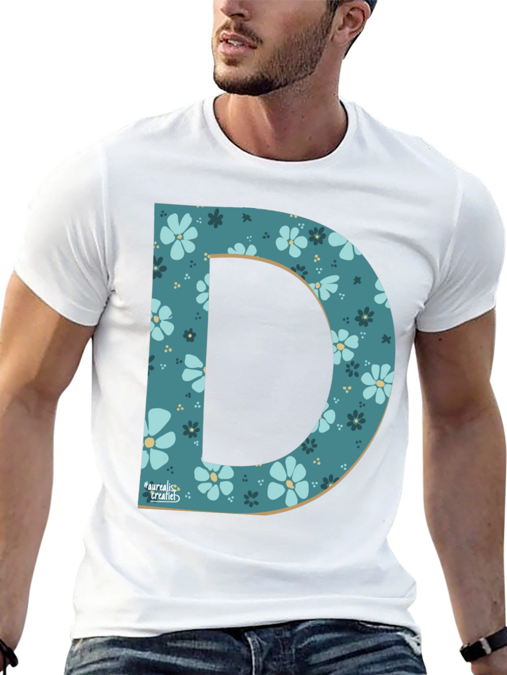 Floral Letter D Black T-Shirt
