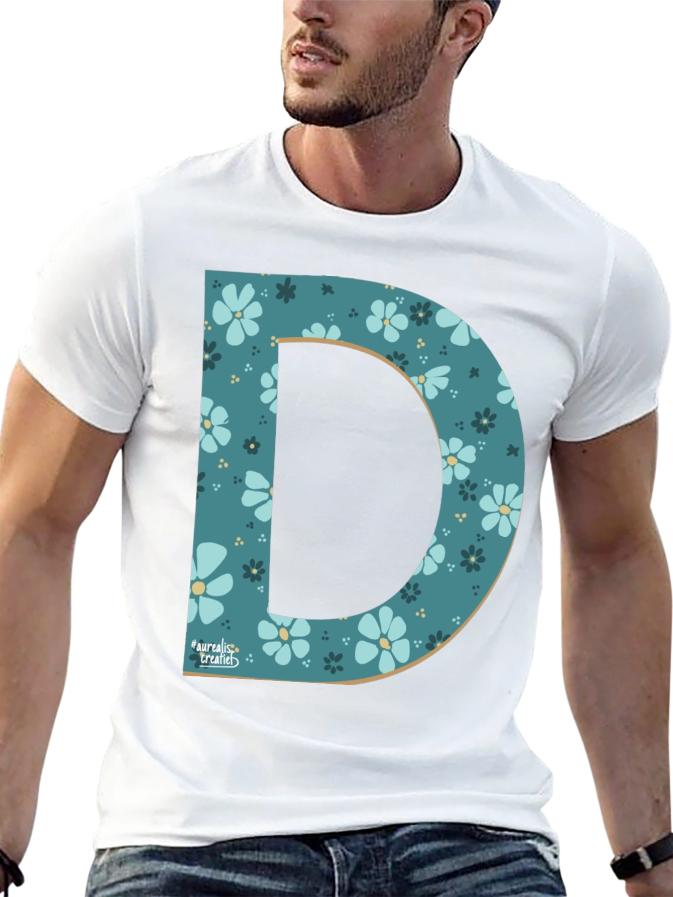 Floral Letter D Black T-Shirt