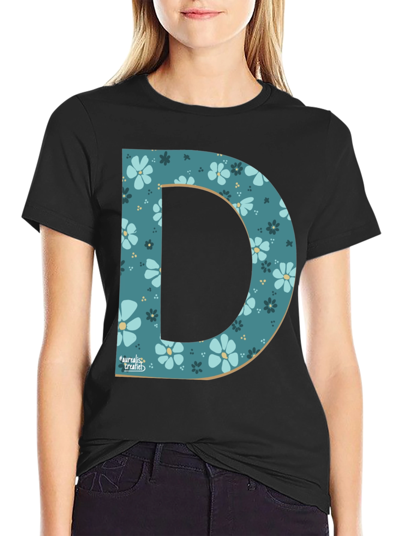 Floral Letter D Black T-Shirt