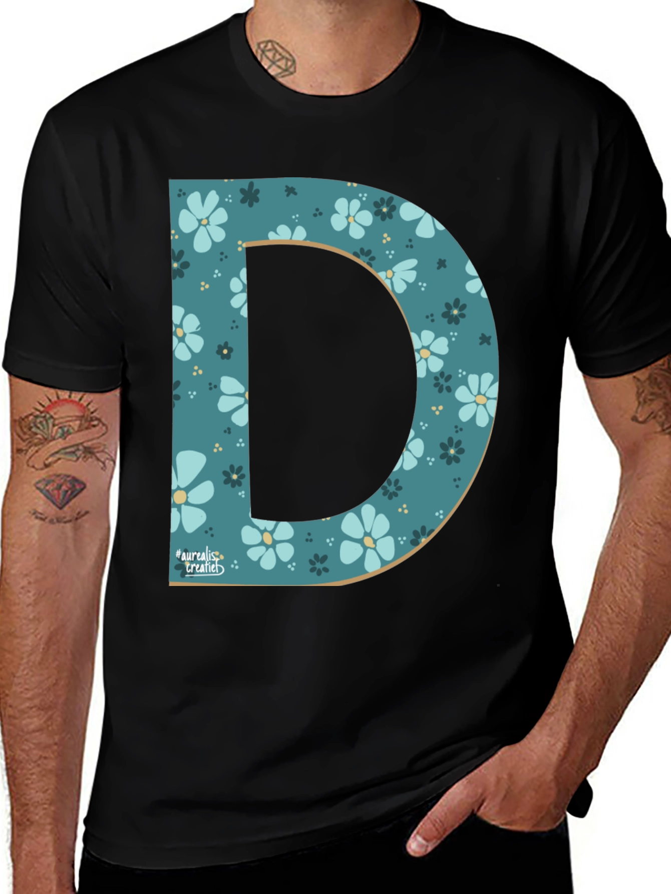 Floral Letter D Black T-Shirt