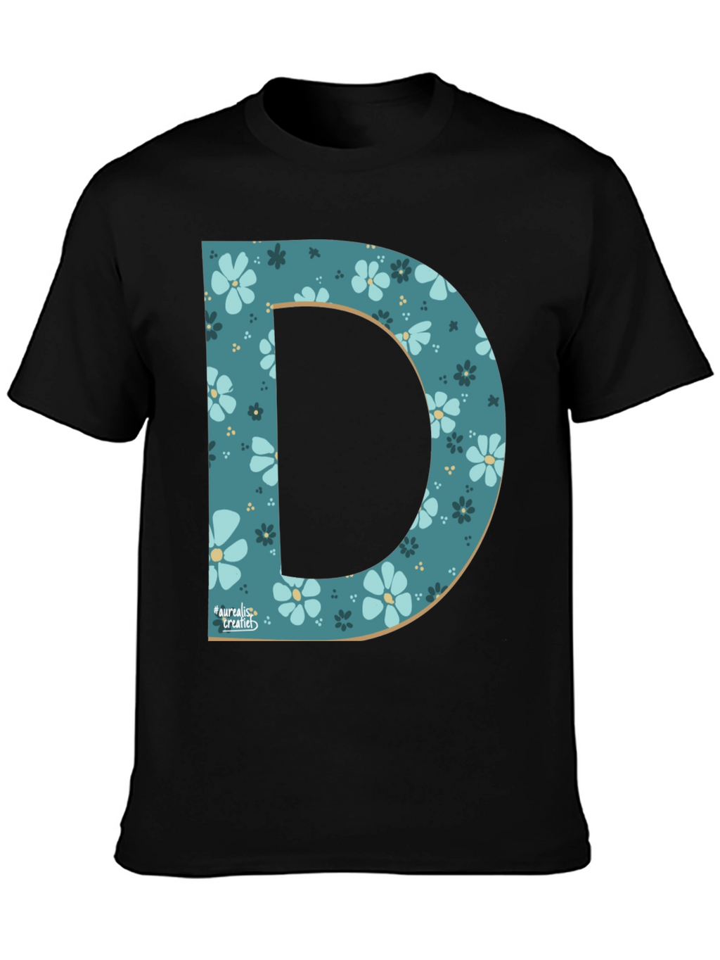 Floral Letter D Black T-Shirt