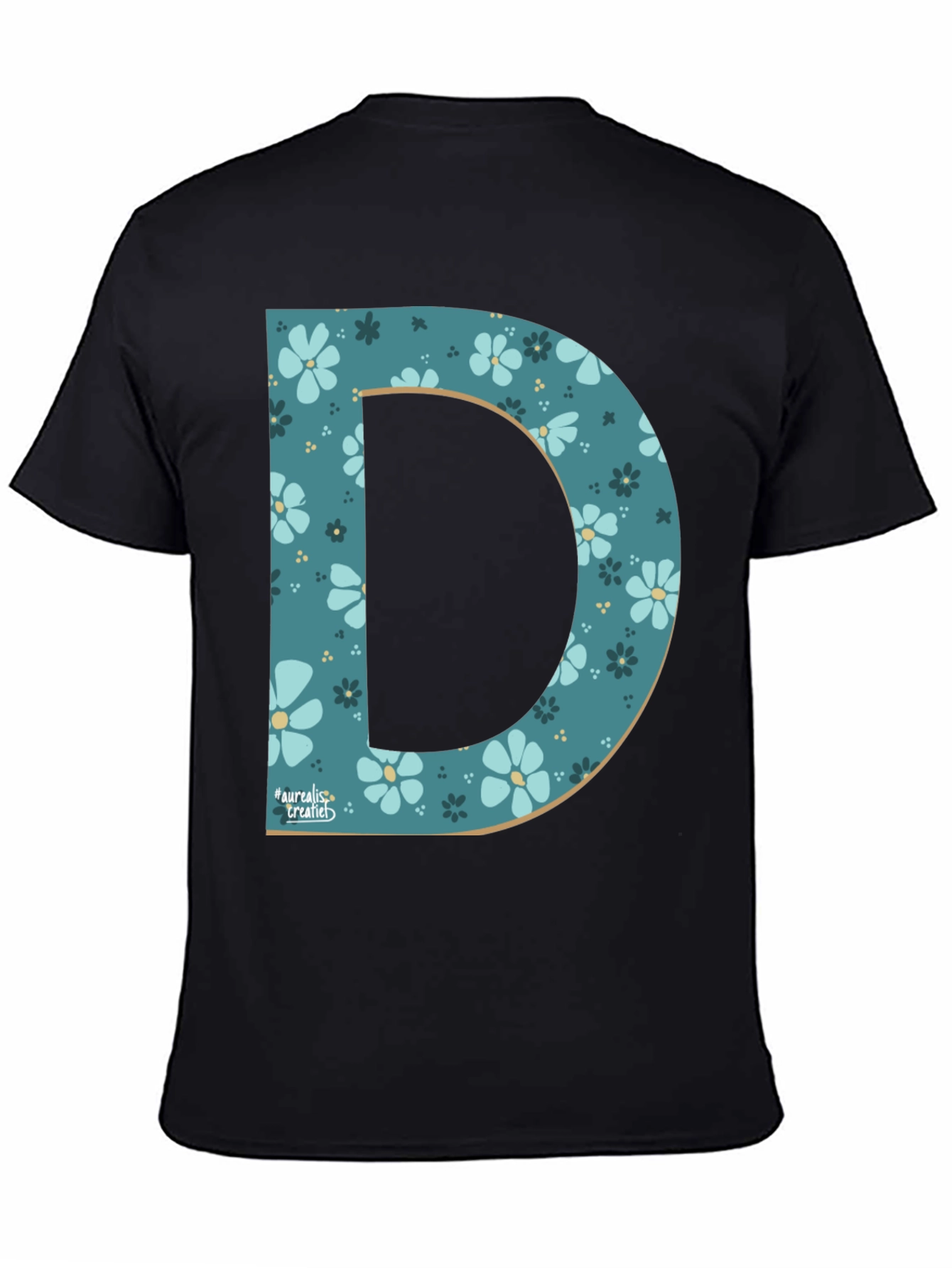 Floral Letter D Black T-Shirt