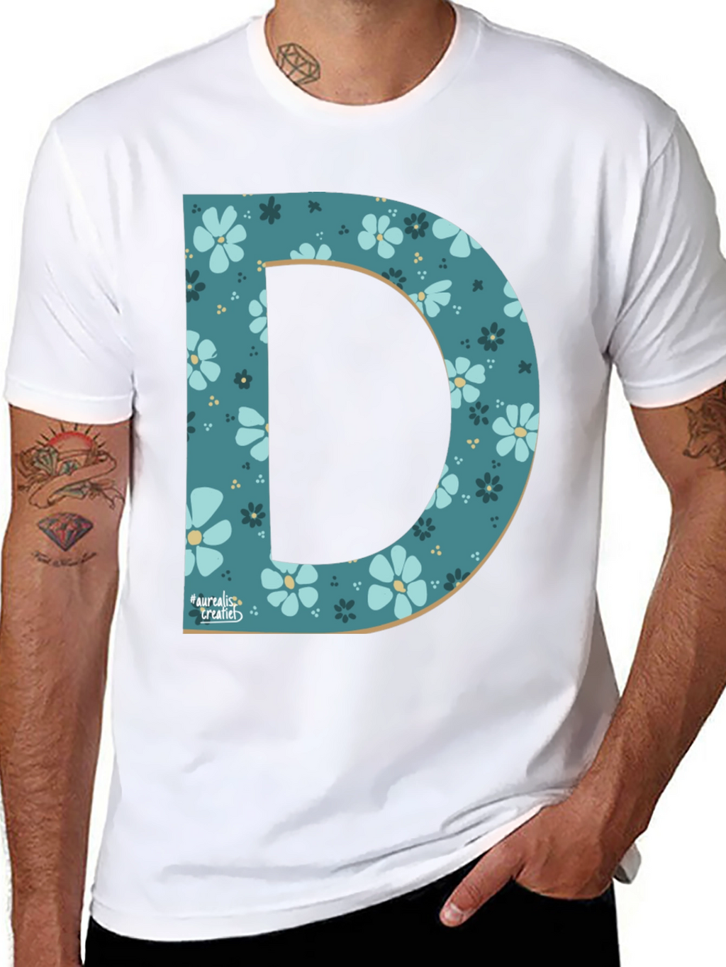 Floral Letter D Black T-Shirt