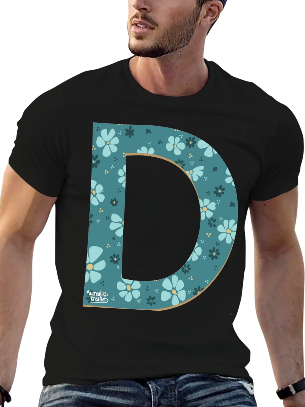 Floral Letter D Black T-Shirt