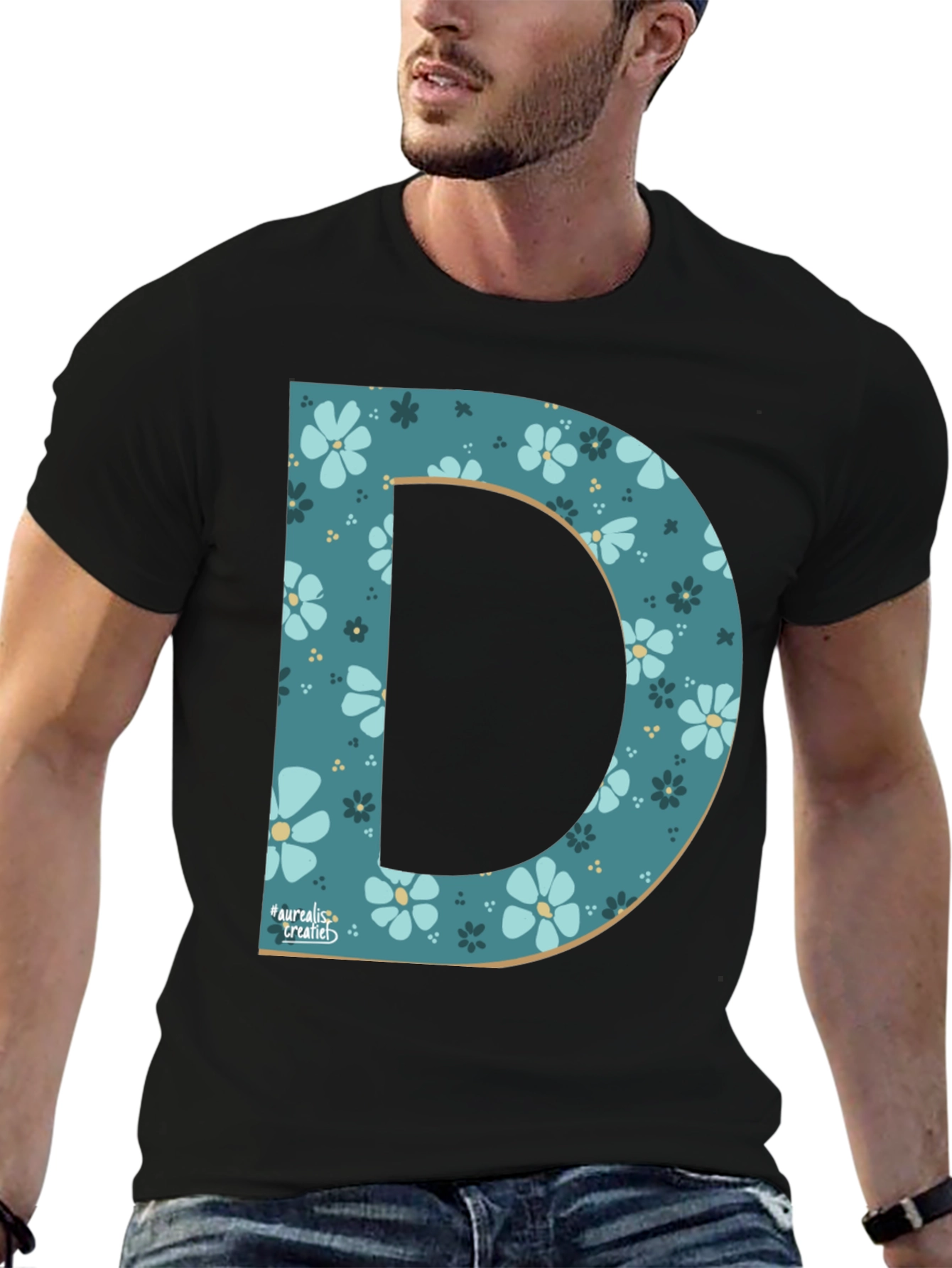 Floral Letter D Black T-Shirt