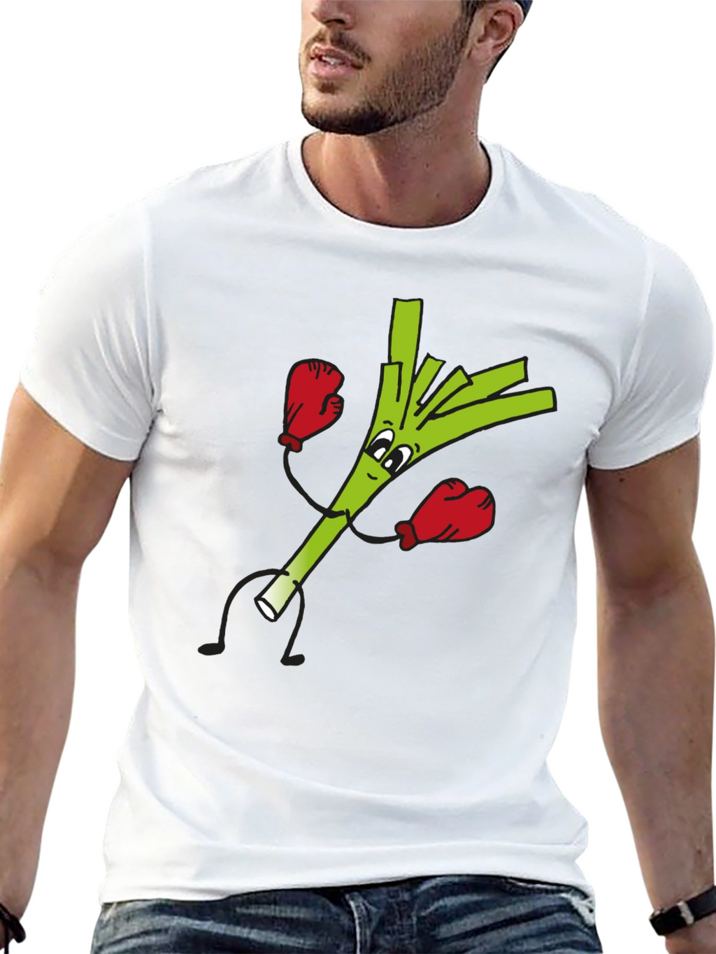 Funny Boxing Leek Cartoon Graphic Black T-Shirt