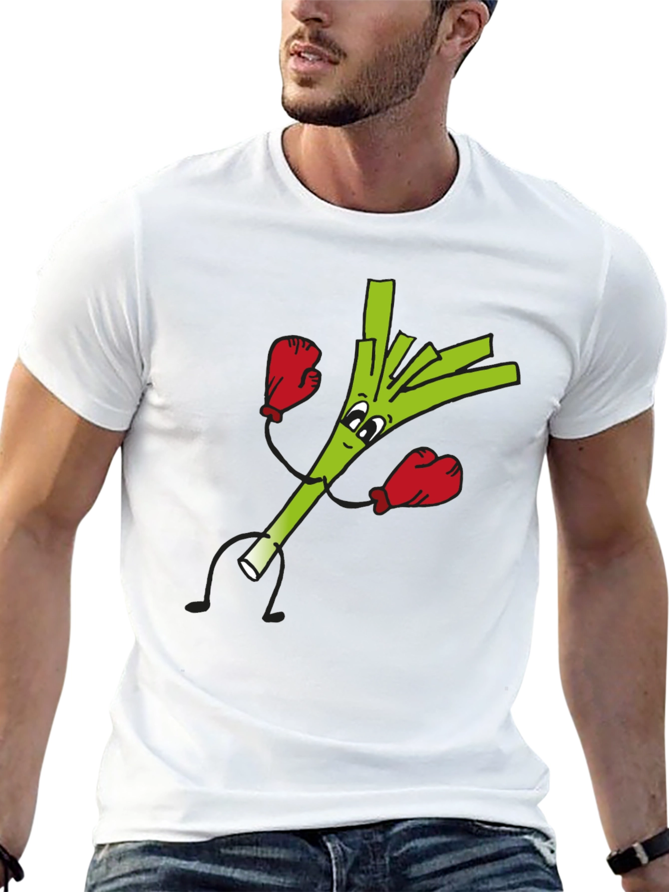 Funny Boxing Leek Cartoon Graphic Black T-Shirt