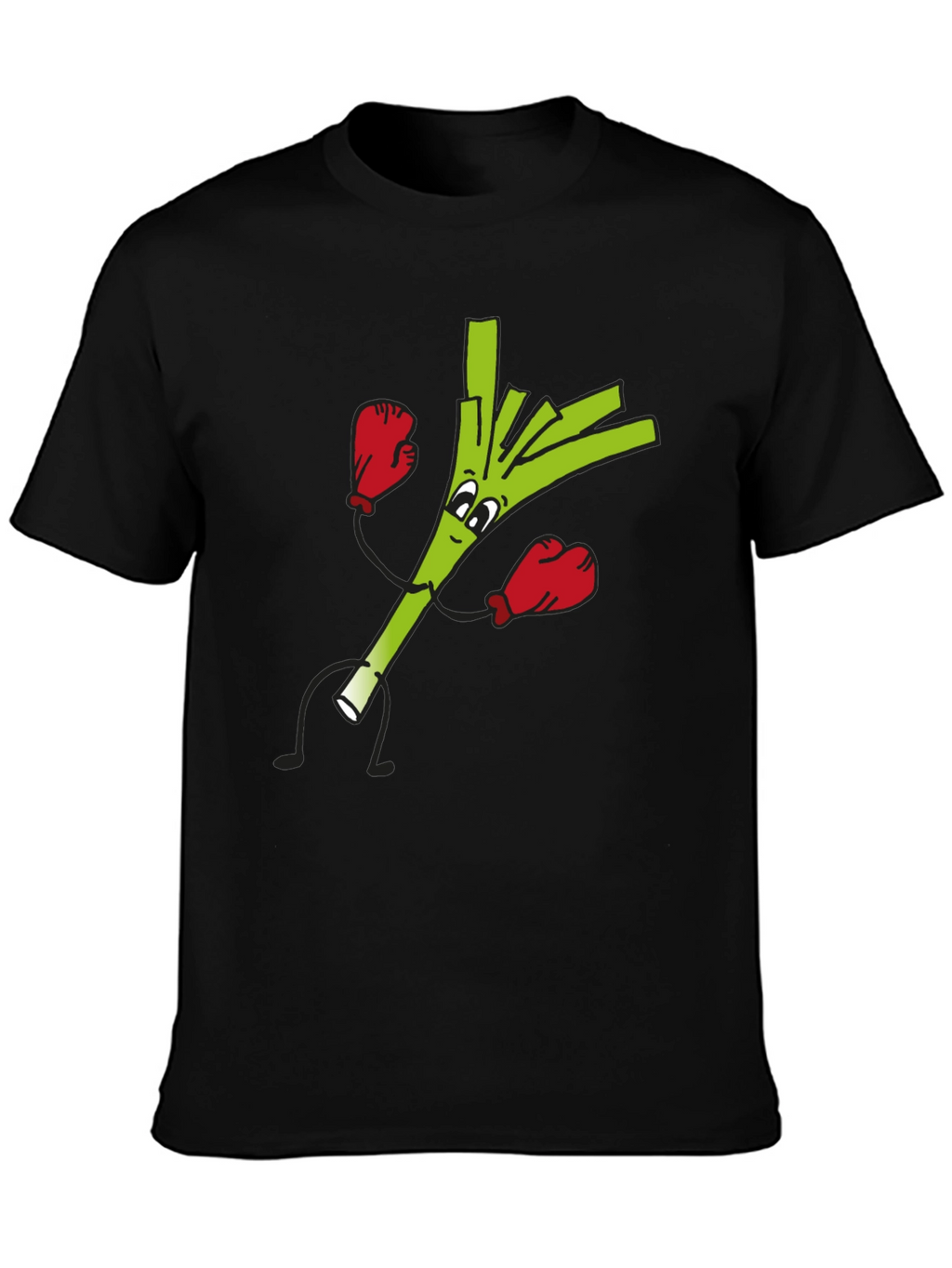 Funny Boxing Leek Cartoon Graphic Black T-Shirt