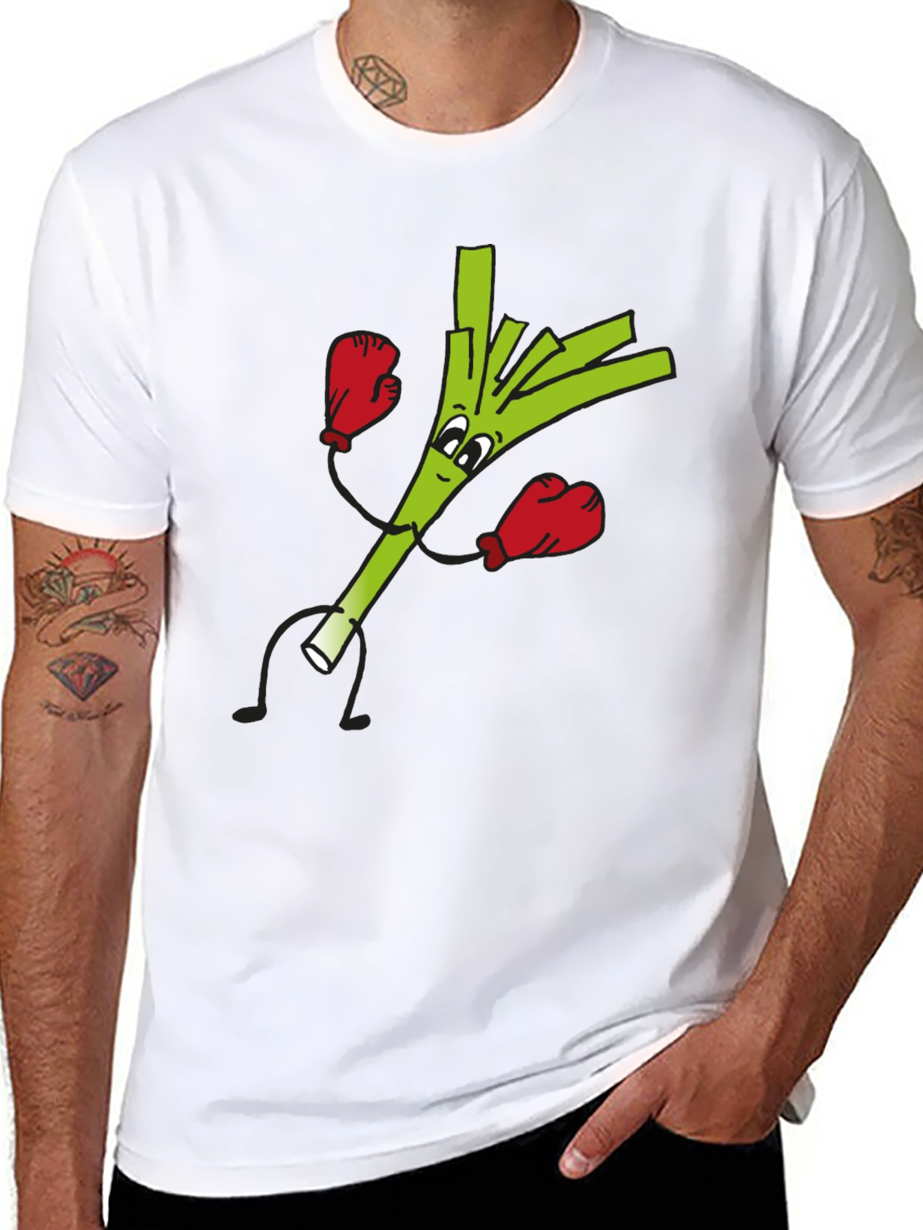 Funny Boxing Leek Cartoon Graphic Black T-Shirt