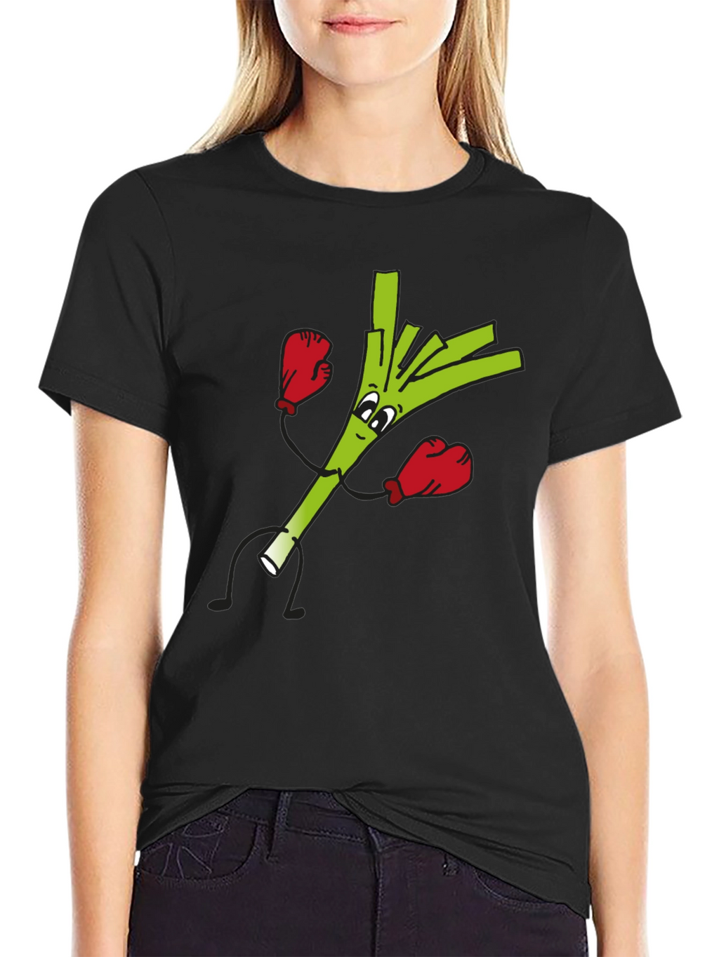 Funny Boxing Leek Cartoon Graphic Black T-Shirt