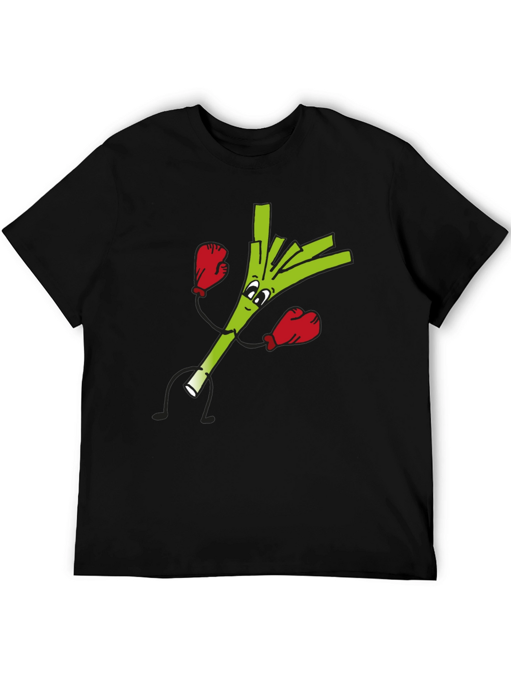 Funny Boxing Leek Cartoon Graphic Black T-Shirt