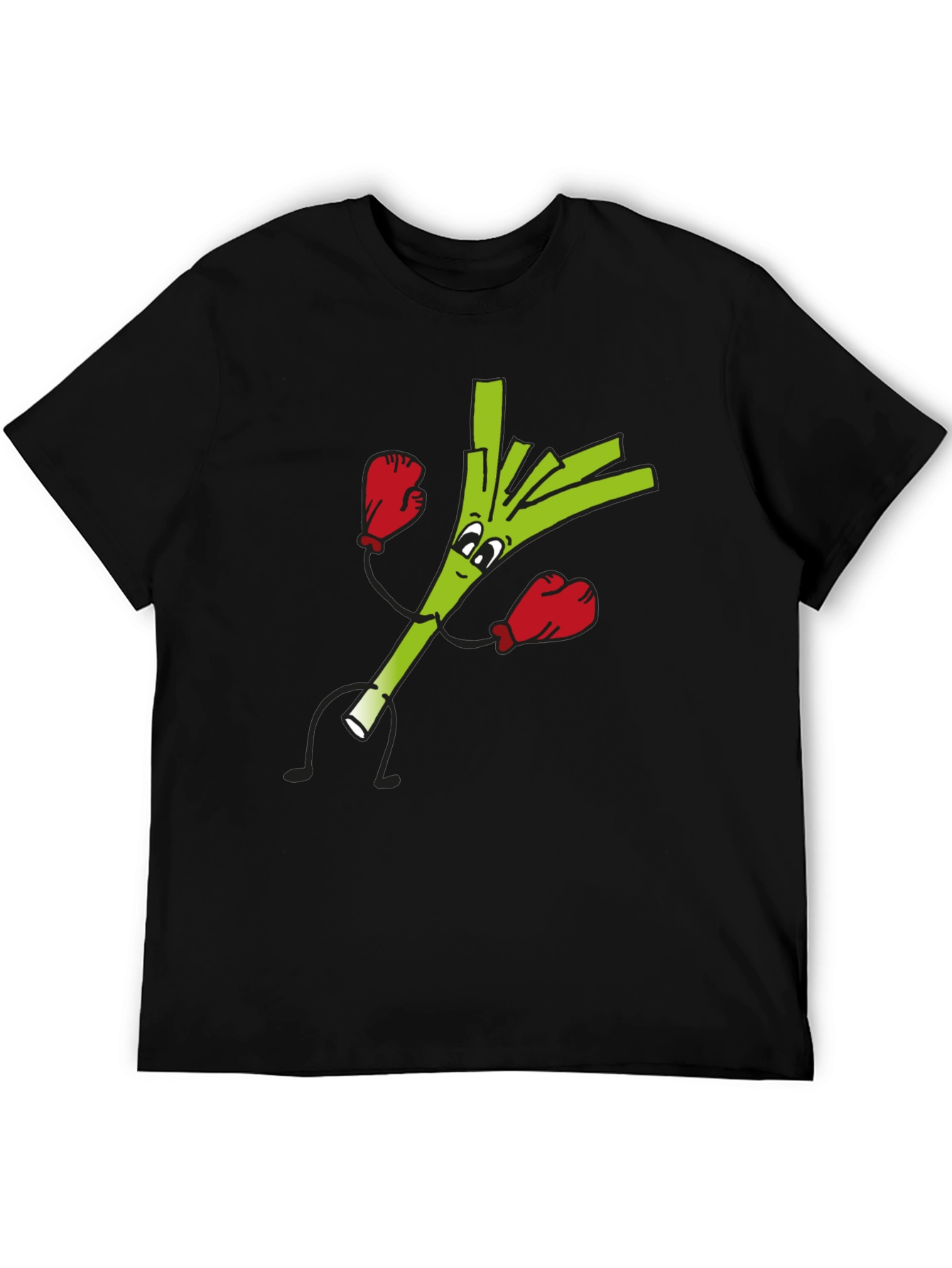 Funny Boxing Leek Cartoon Graphic Black T-Shirt