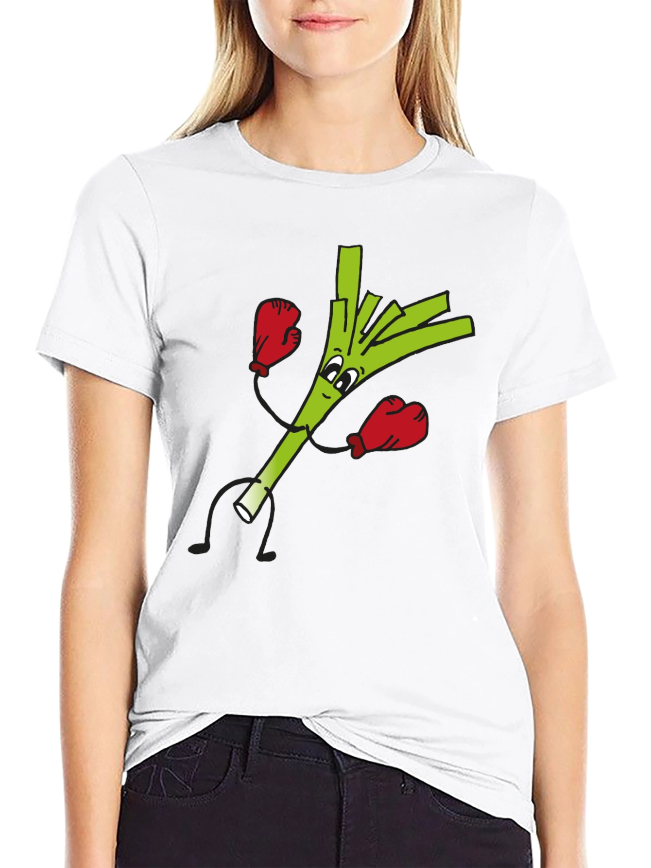 Funny Boxing Leek Cartoon Graphic Black T-Shirt