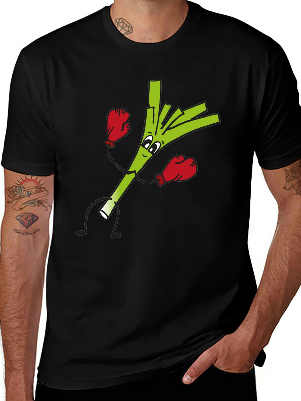 Funny Boxing Leek Cartoon Graphic Black T-Shirt