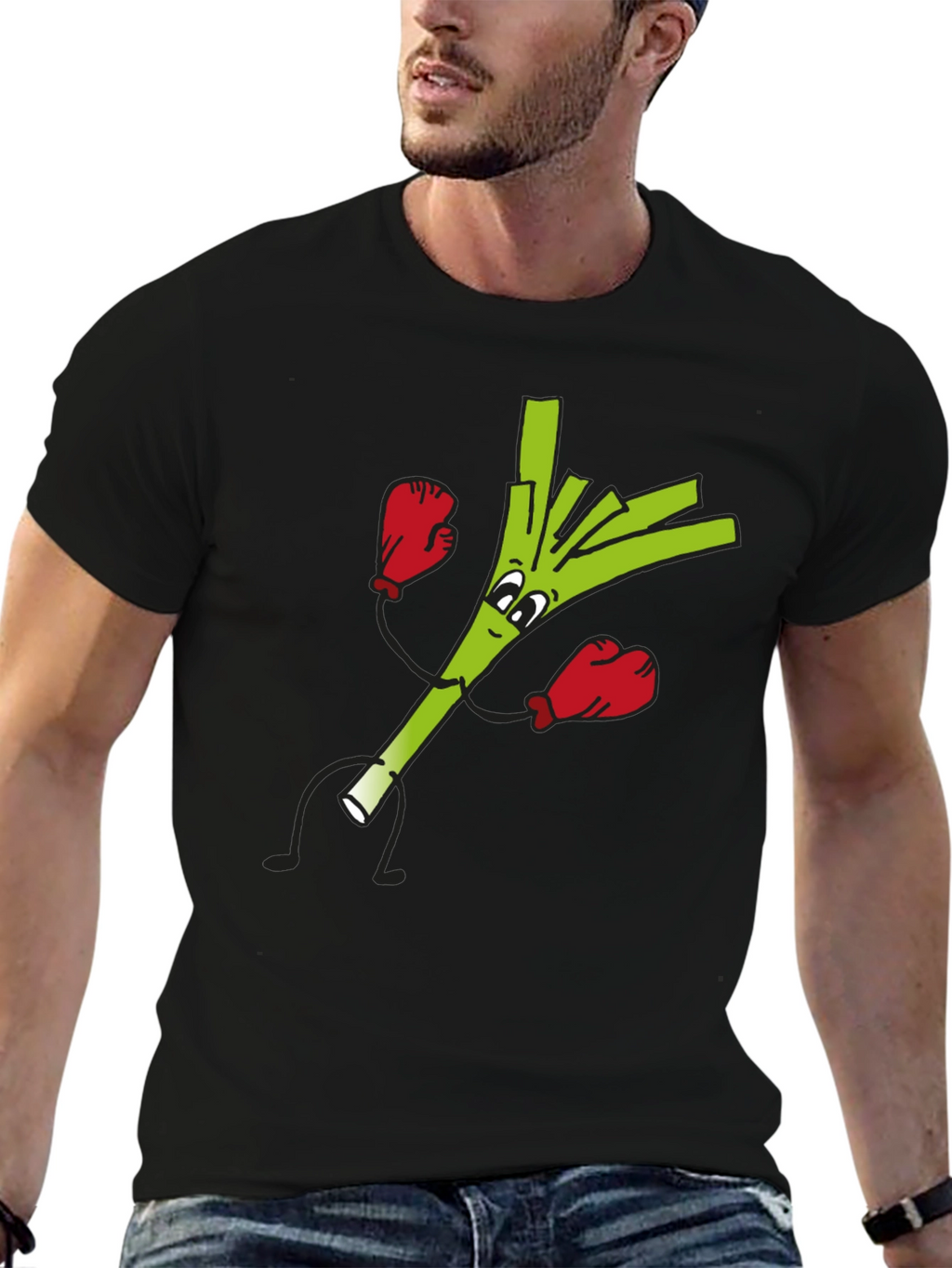 Funny Boxing Leek Cartoon Graphic Black T-Shirt