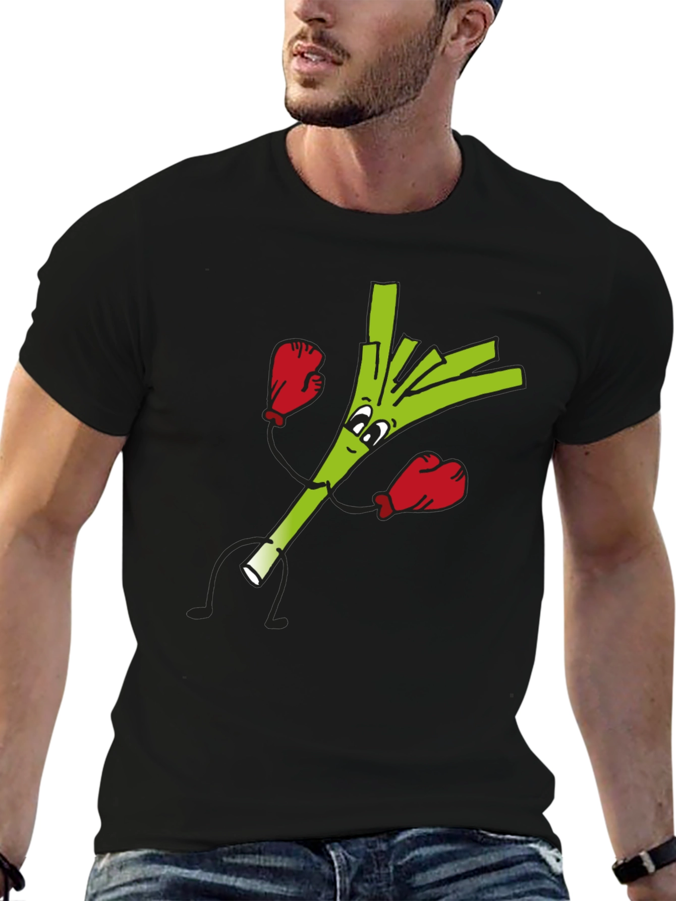 Funny Boxing Leek Cartoon Graphic Black T-Shirt