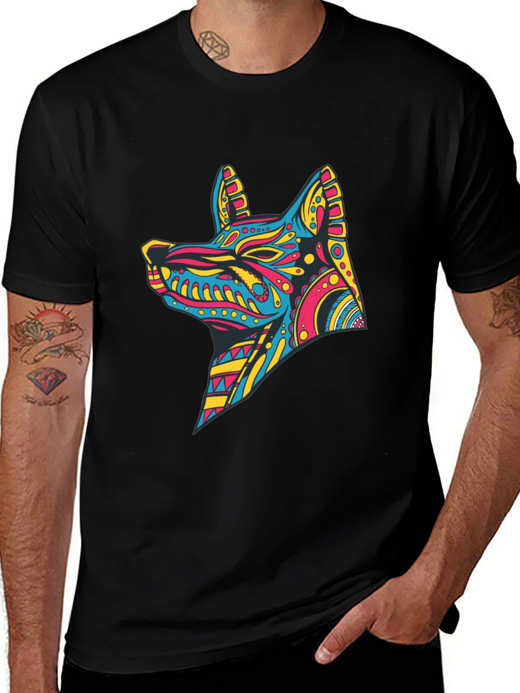Vibrant Aztec Dog Graphic Print Tee