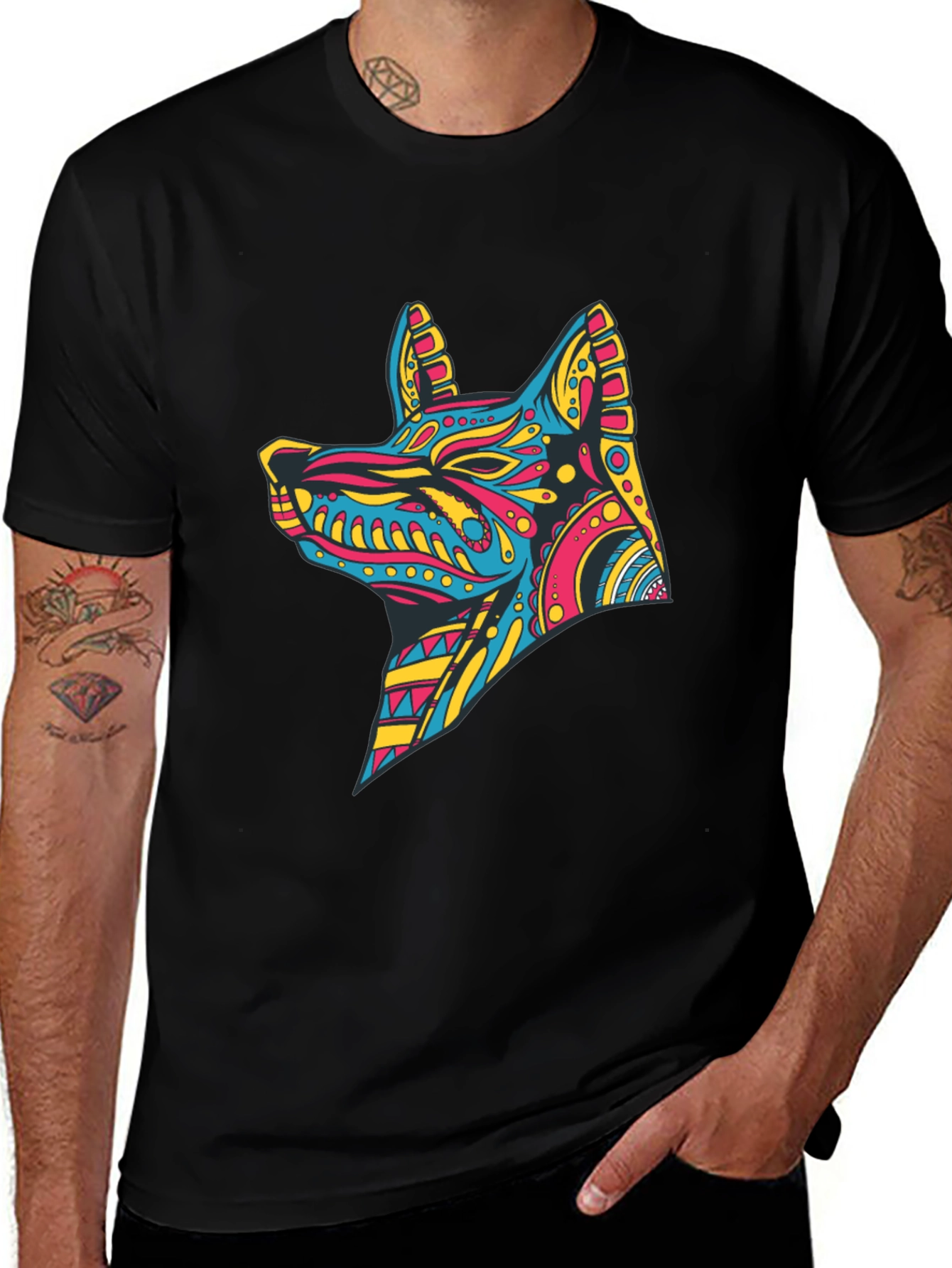 Vibrant Aztec Dog Graphic Print Tee
