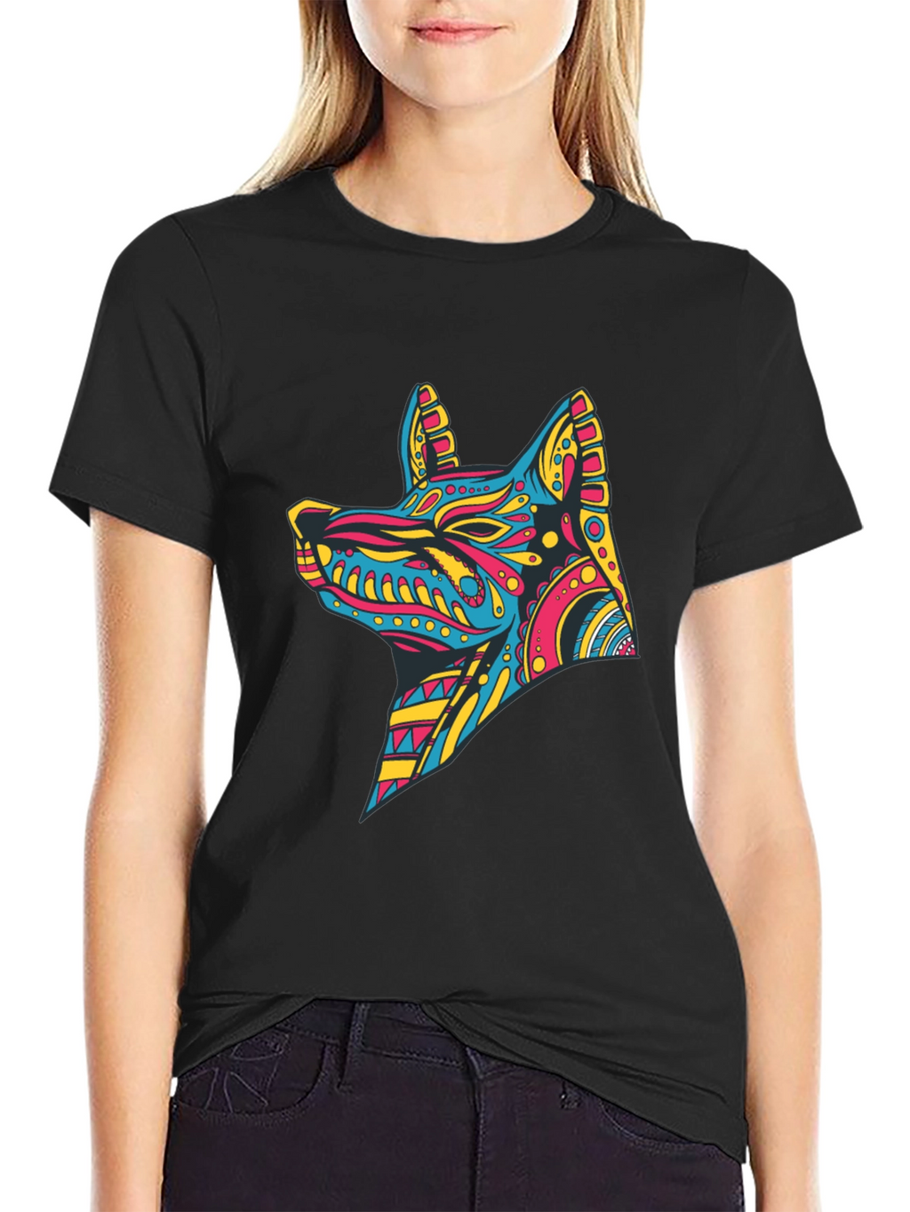 Vibrant Aztec Dog Graphic Print Tee