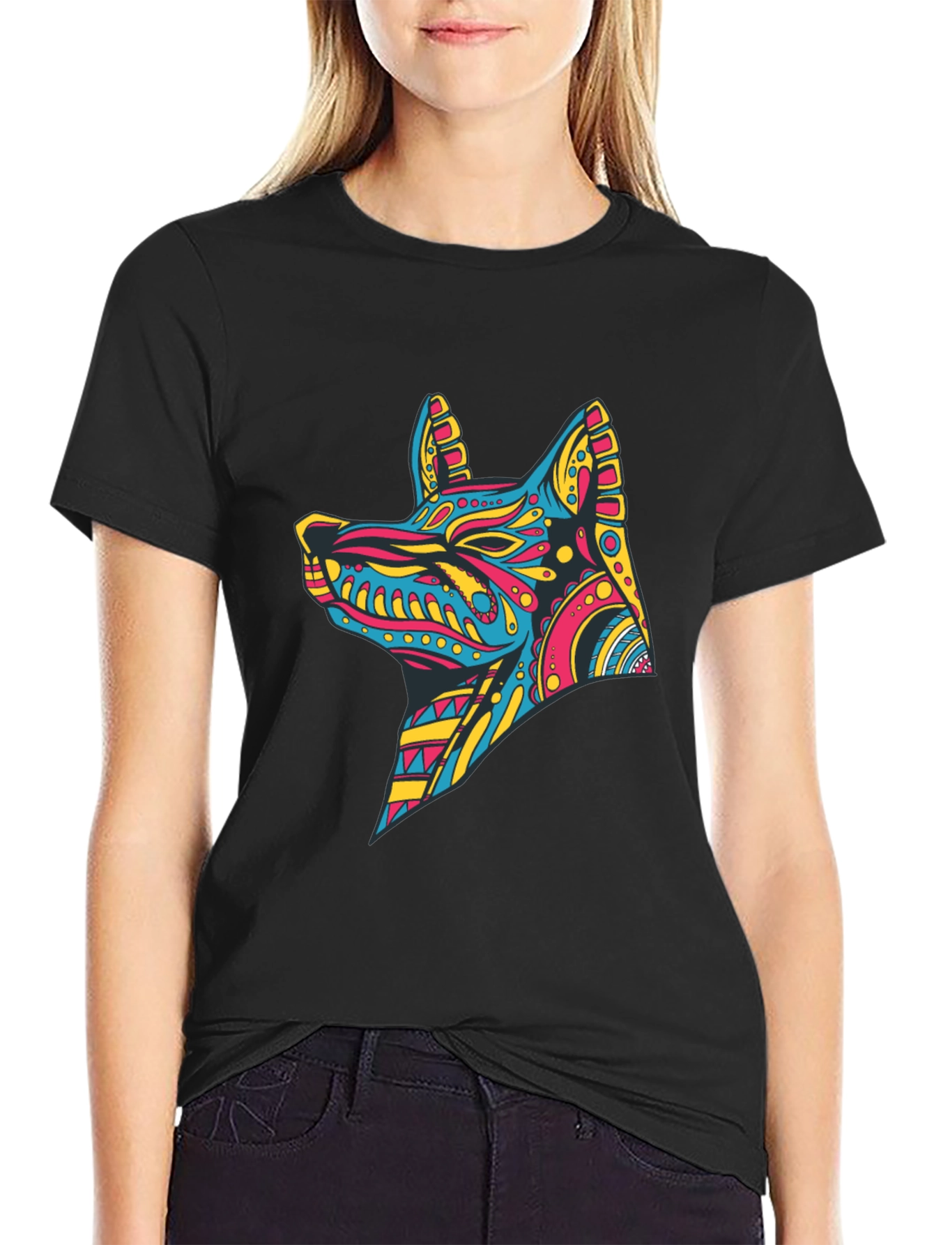 Vibrant Aztec Dog Graphic Print Tee