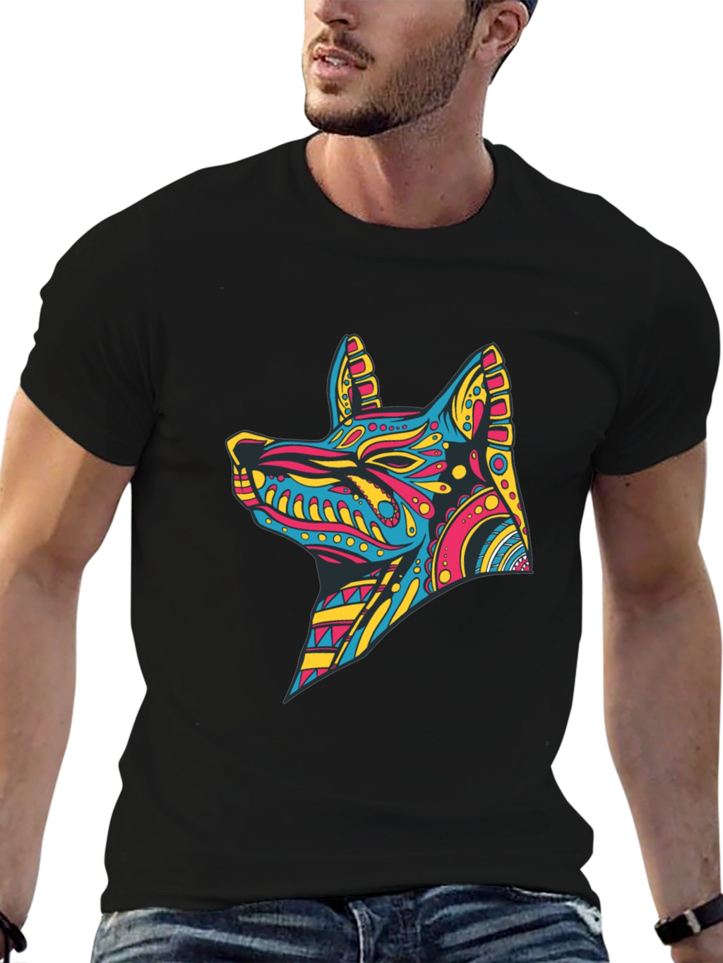 Vibrant Aztec Dog Graphic Print Tee