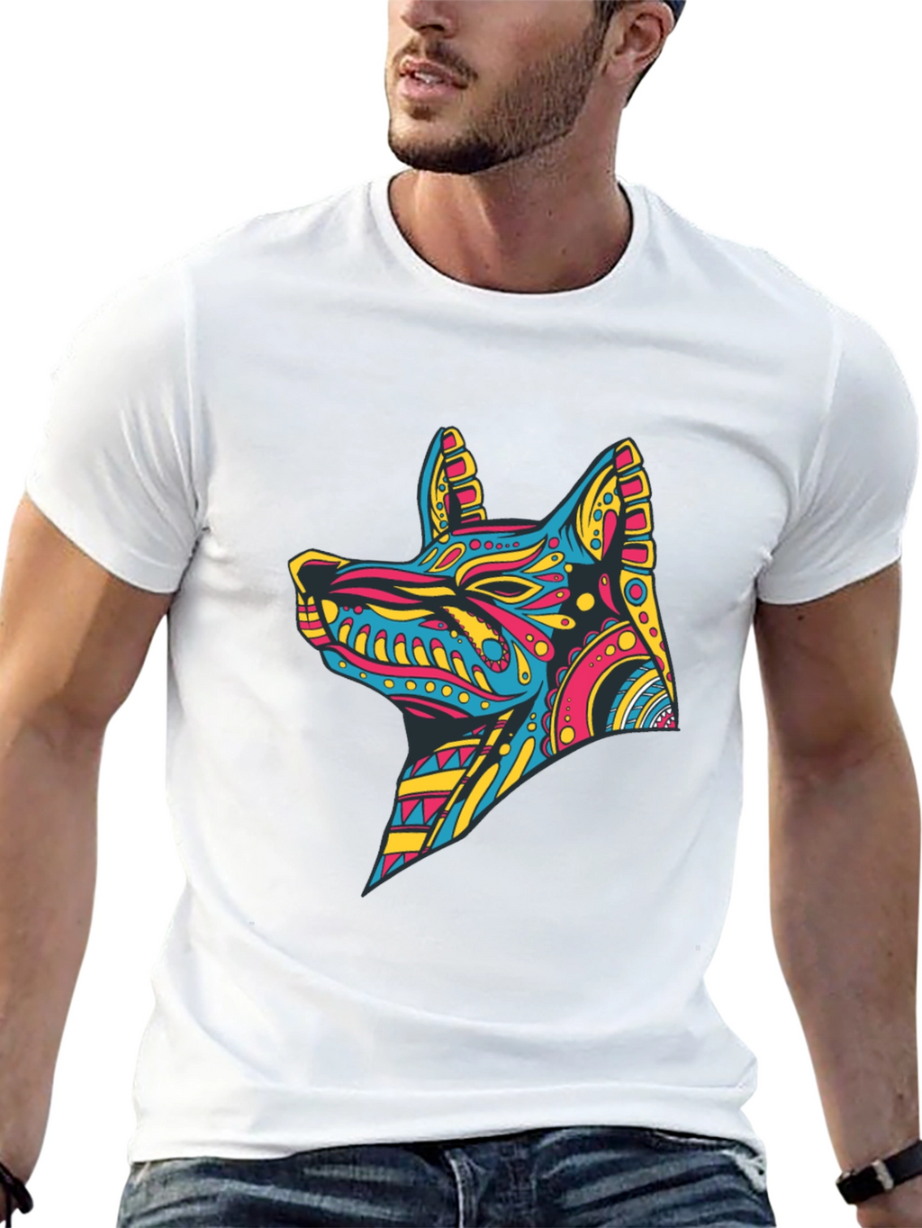 Vibrant Aztec Dog Graphic Print Tee