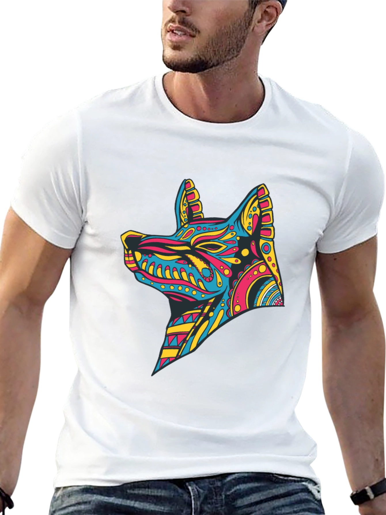 Vibrant Aztec Dog Graphic Print Tee