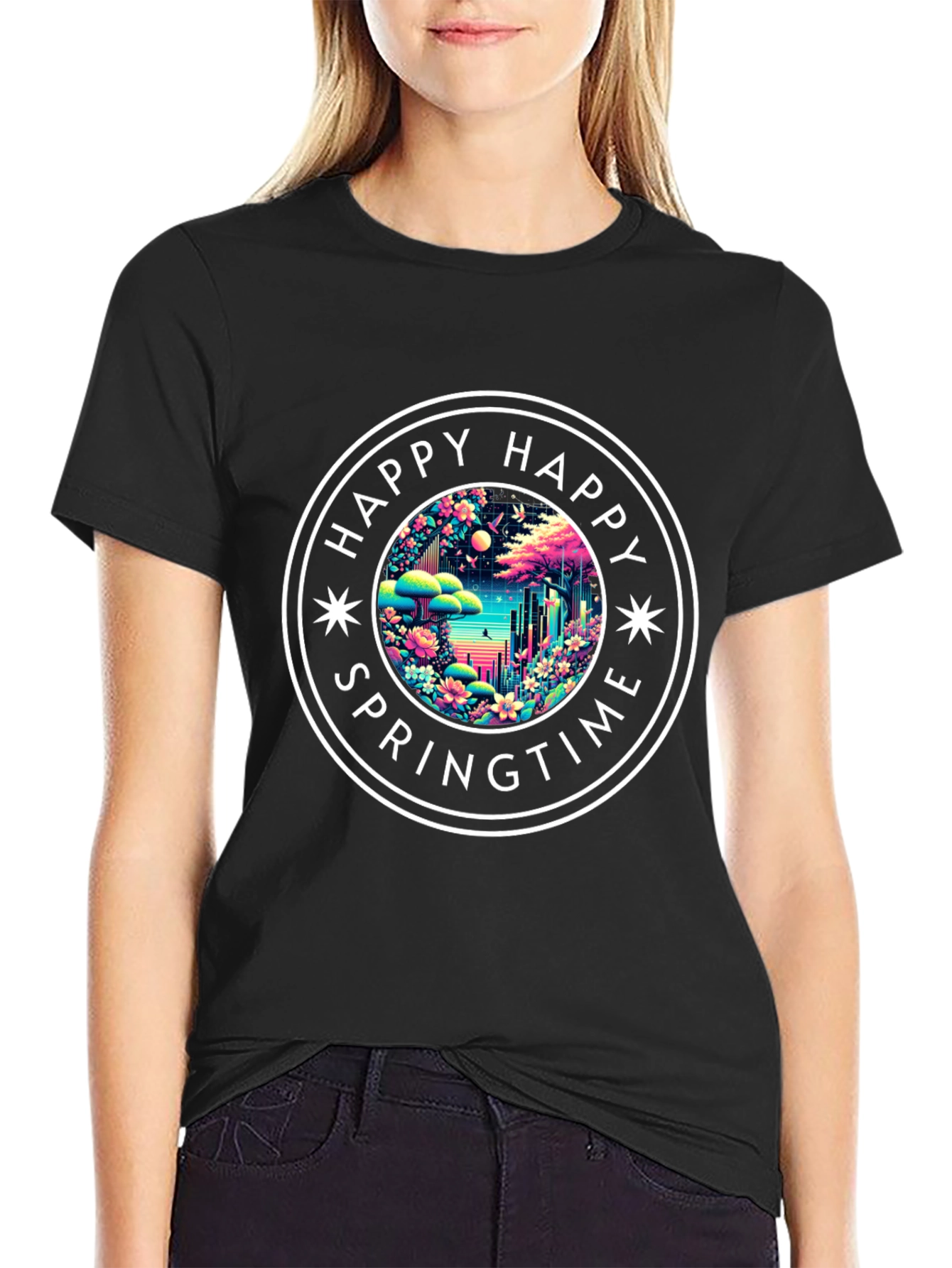 Happy Springtime Graphic Tee - Black