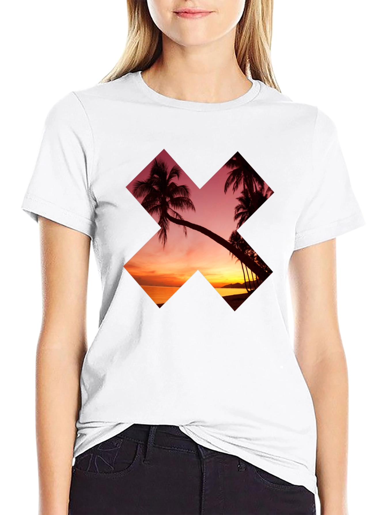 Sunset Palm Tree Graphic Tee - Casual Black T-Shirt