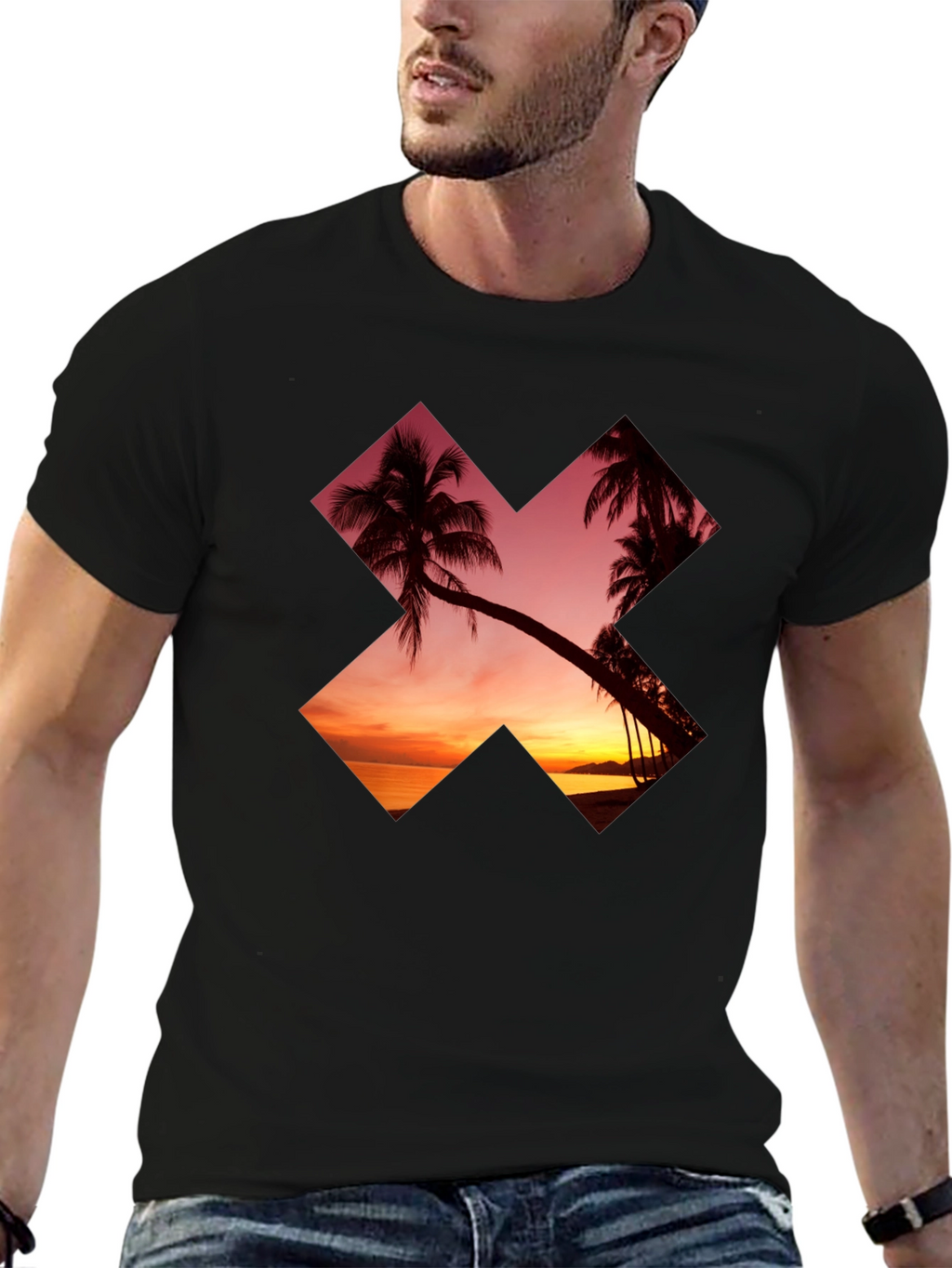 Sunset Palm Tree Graphic Tee - Casual Black T-Shirt