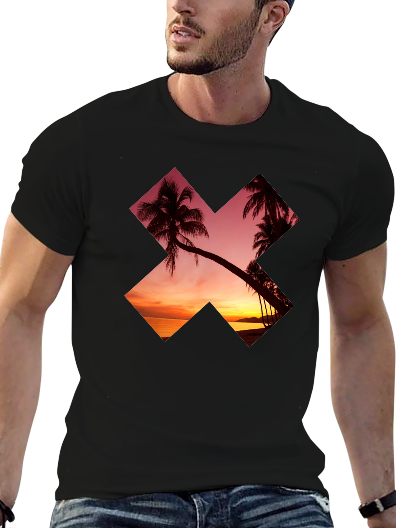 Sunset Palm Tree Graphic Tee - Casual Black T-Shirt