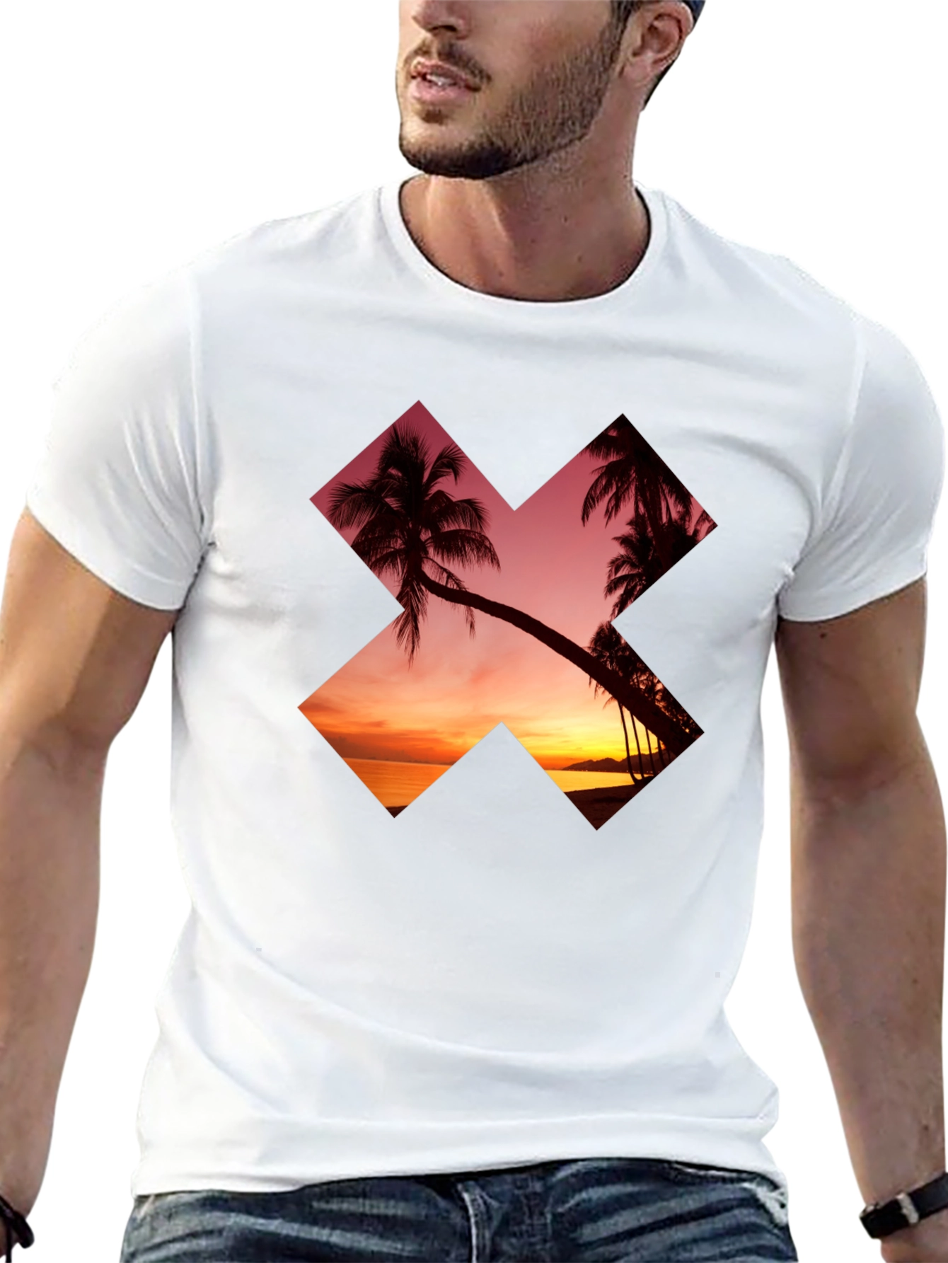 Sunset Palm Tree Graphic Tee - Casual Black T-Shirt