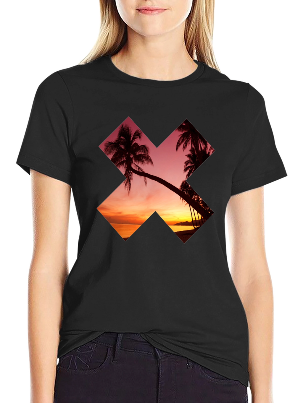 Sunset Palm Tree Graphic Tee - Casual Black T-Shirt