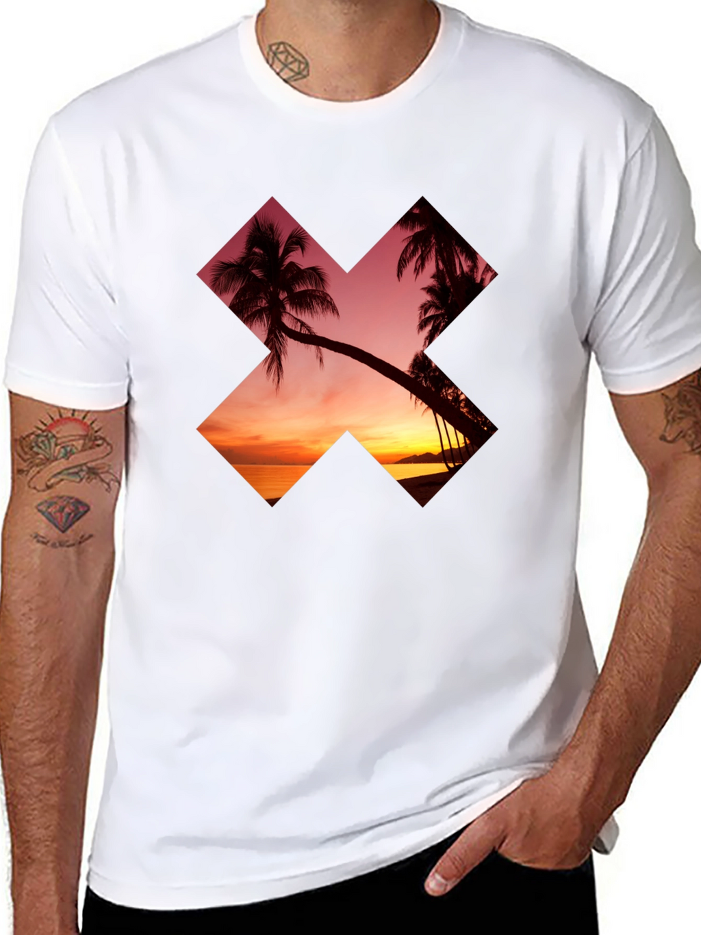 Sunset Palm Tree Graphic Tee - Casual Black T-Shirt