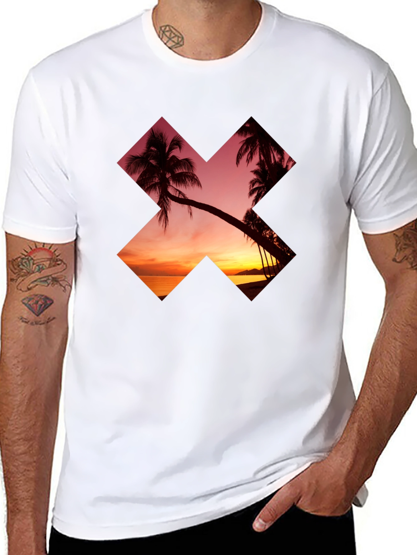 Sunset Palm Tree Graphic Tee - Casual Black T-Shirt
