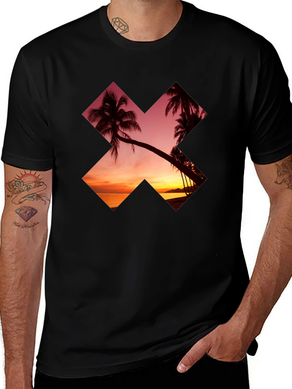 Sunset Palm Tree Graphic Tee - Casual Black T-Shirt