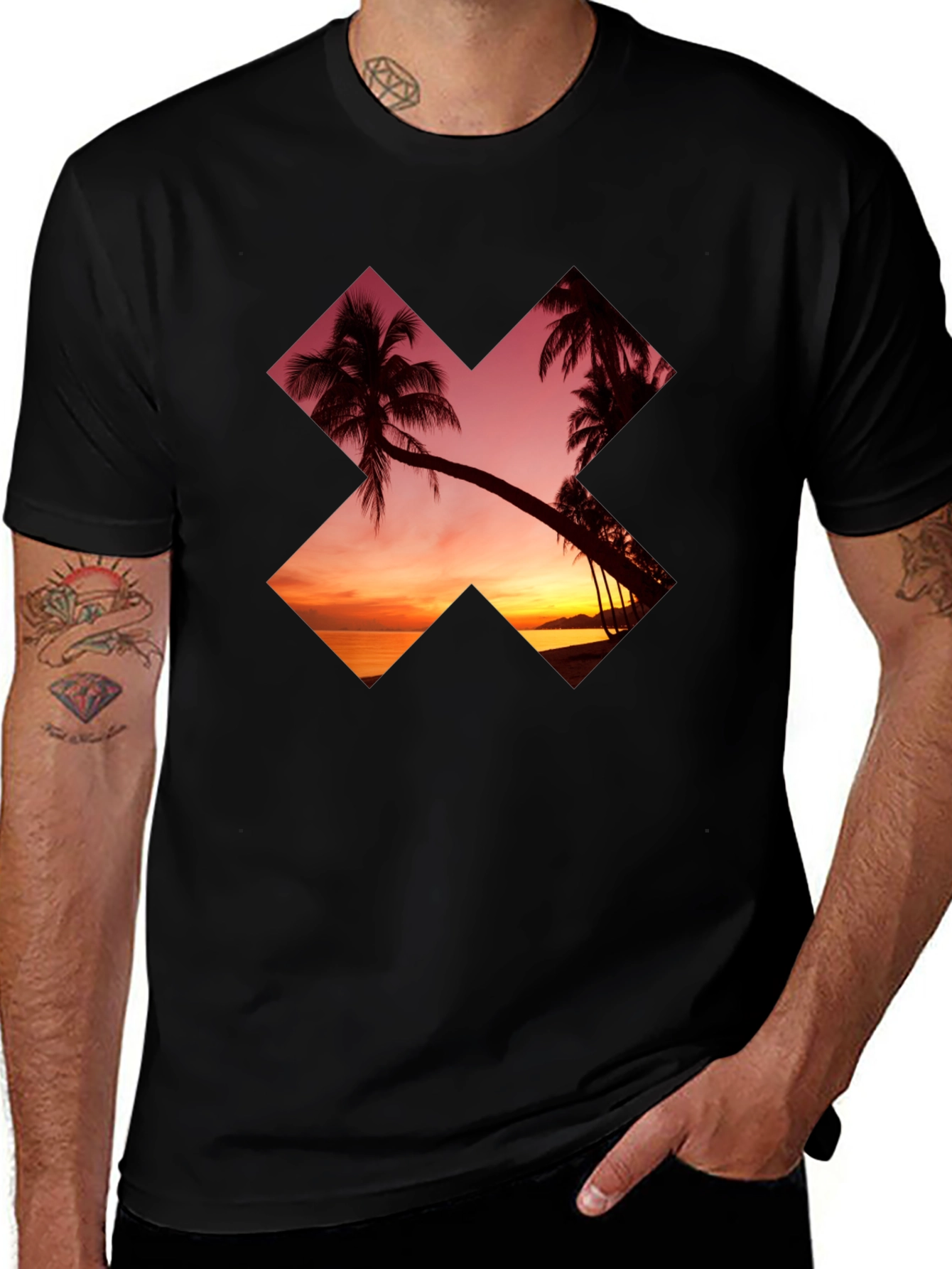 Sunset Palm Tree Graphic Tee - Casual Black T-Shirt