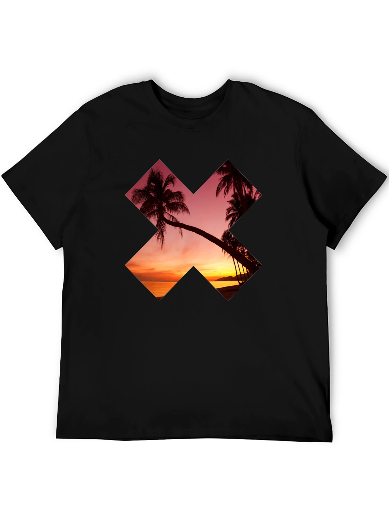 Sunset Palm Tree Graphic Tee - Casual Black T-Shirt