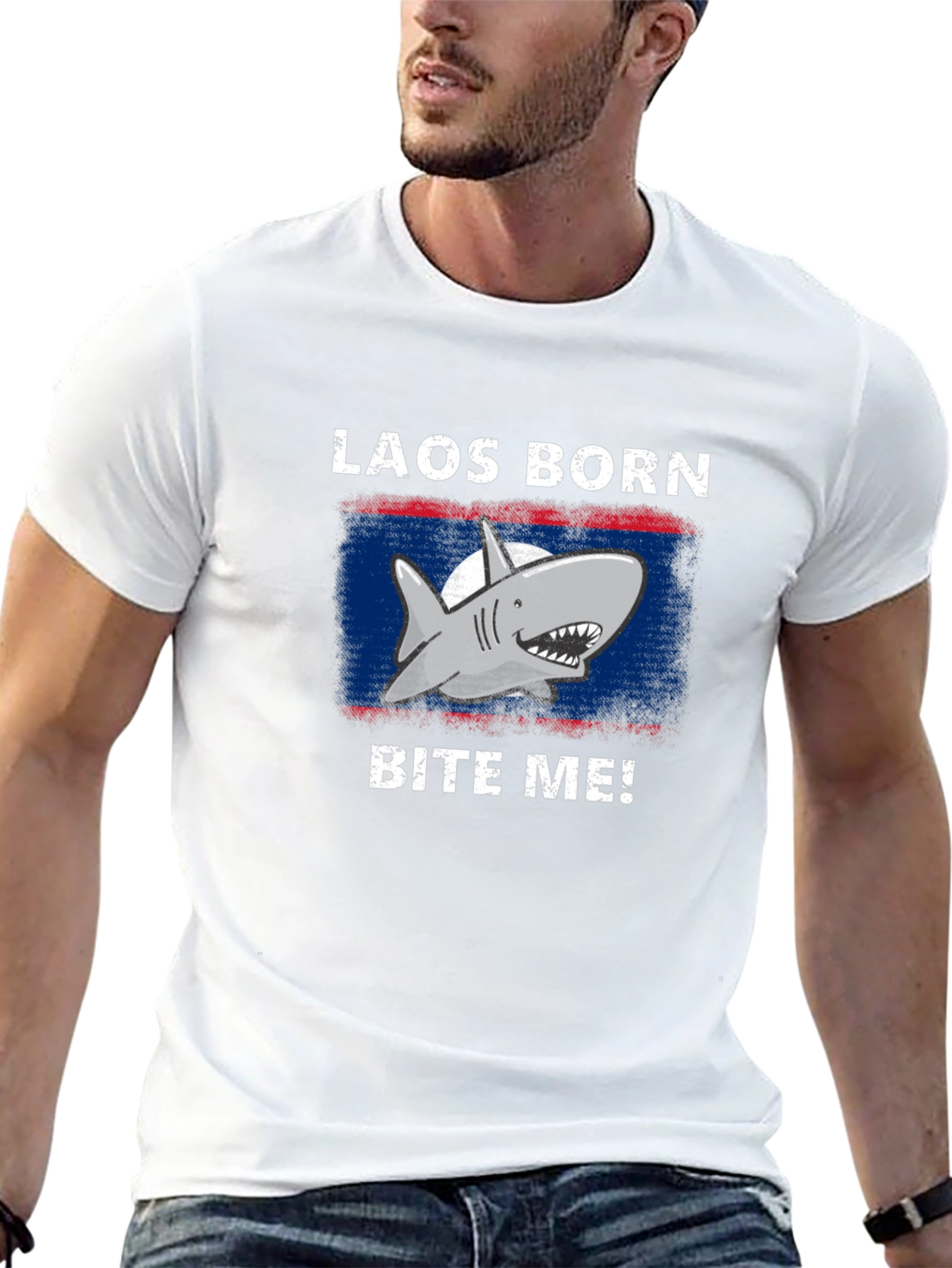 Laos Born Shark Bite Me! Mens Black T-Shirt