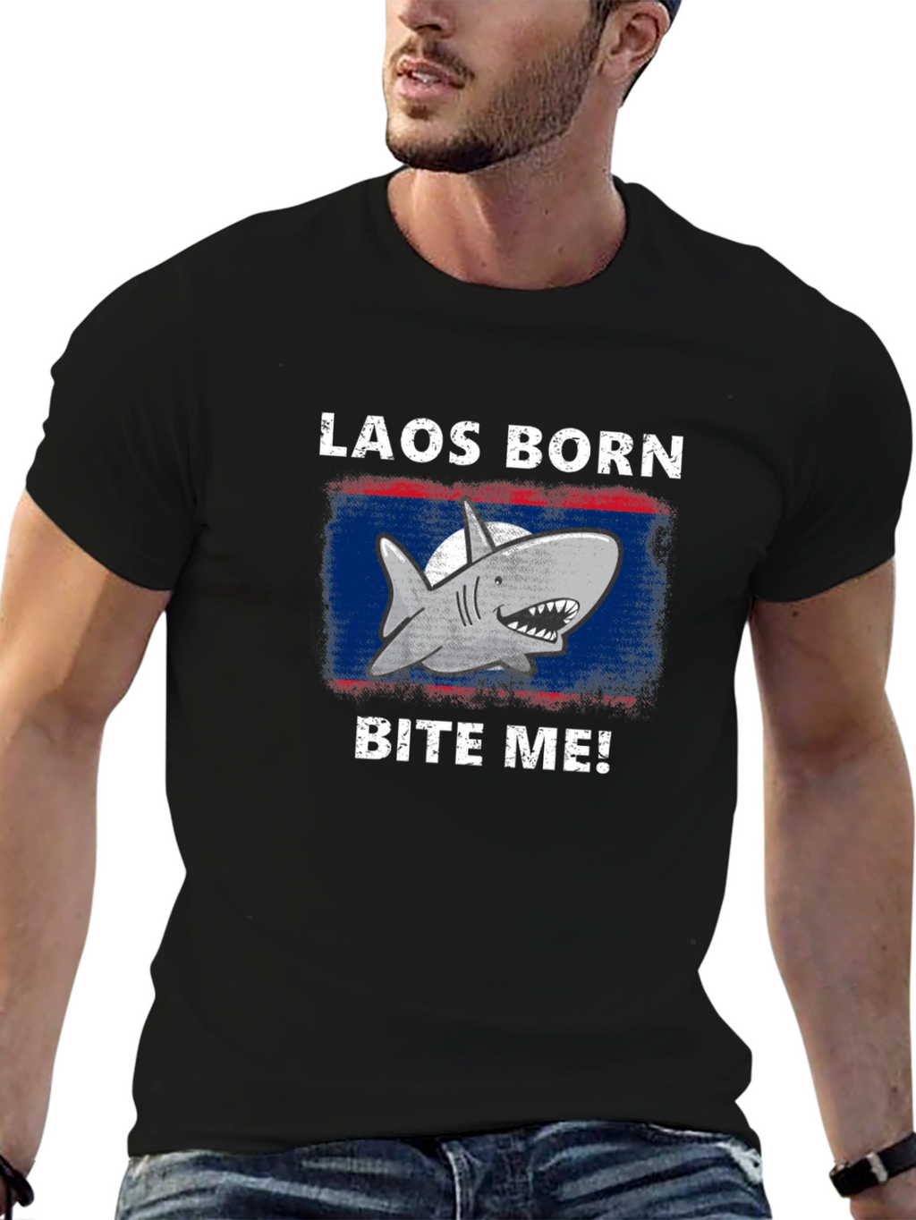 Laos Born Shark Bite Me! Mens Black T-Shirt
