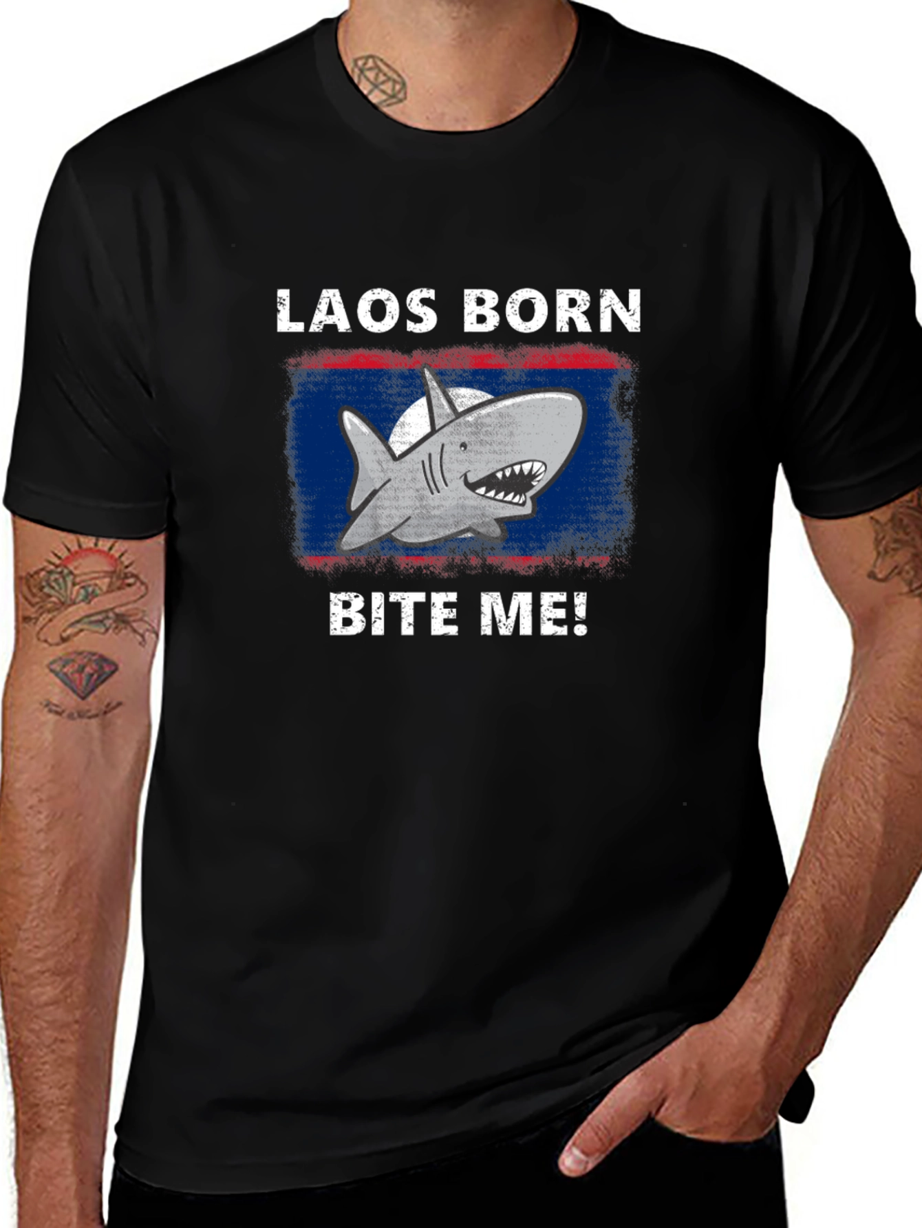 Laos Born Shark Bite Me! Mens Black T-Shirt
