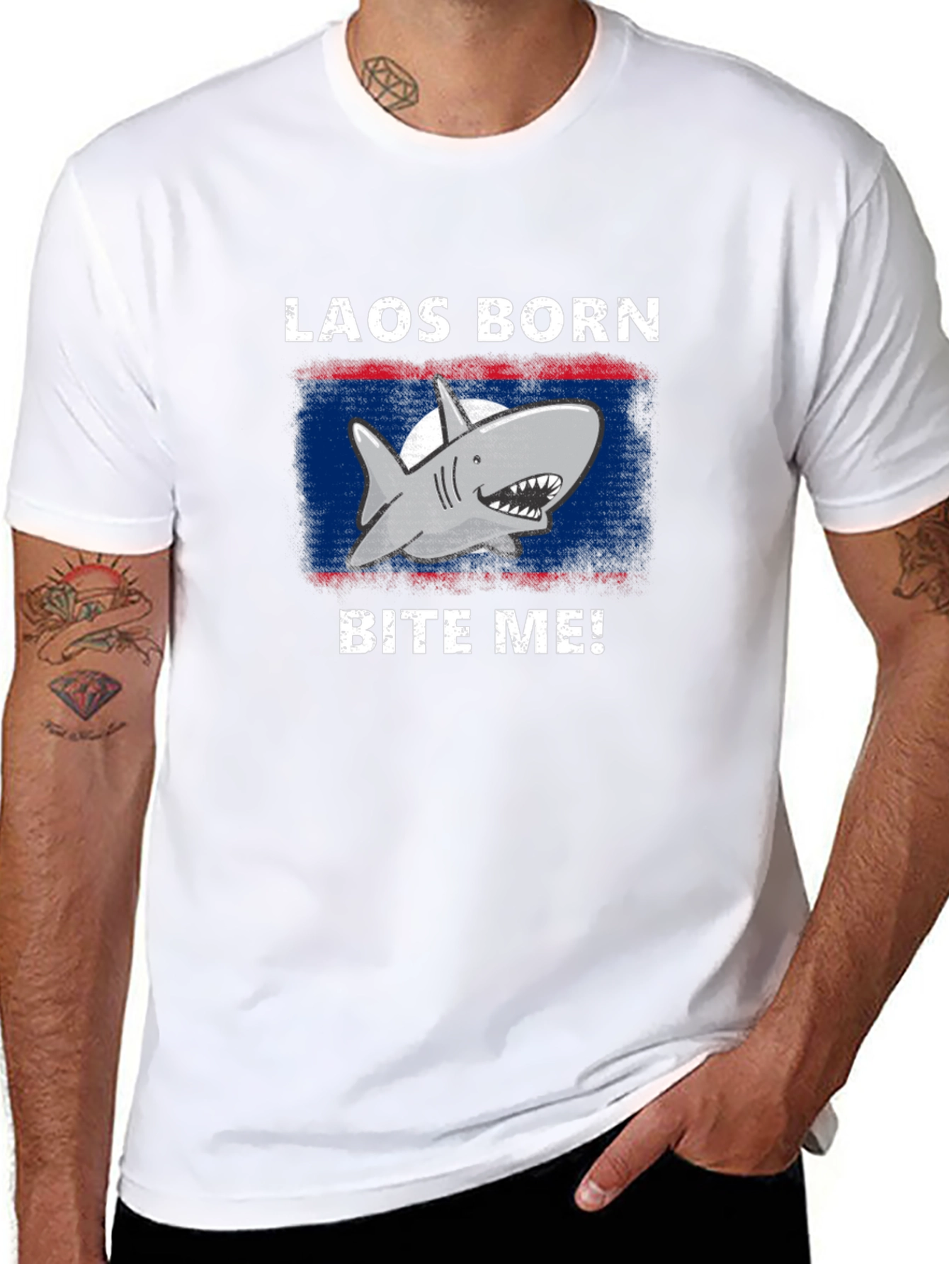 Laos Born Shark Bite Me! Mens Black T-Shirt