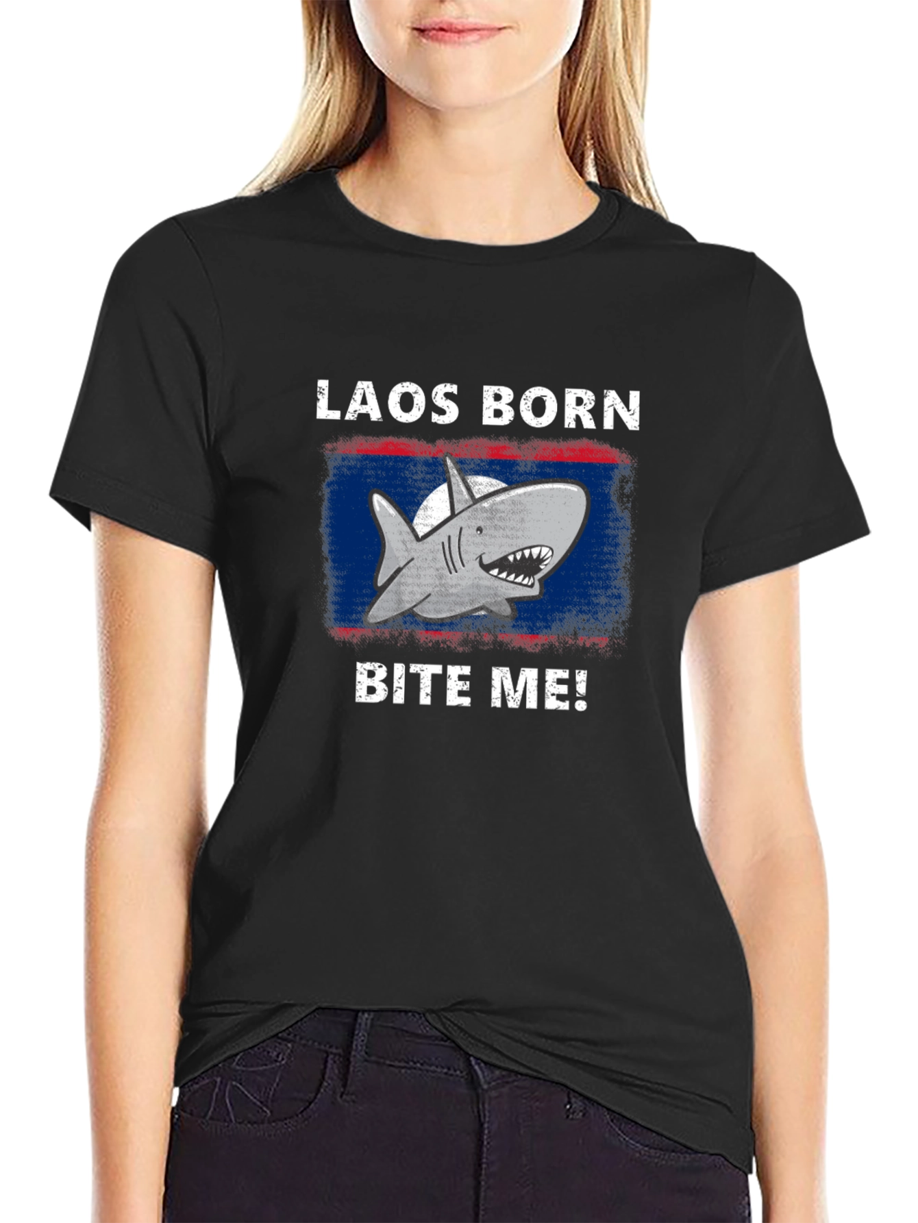 Laos Born Shark Bite Me! Mens Black T-Shirt
