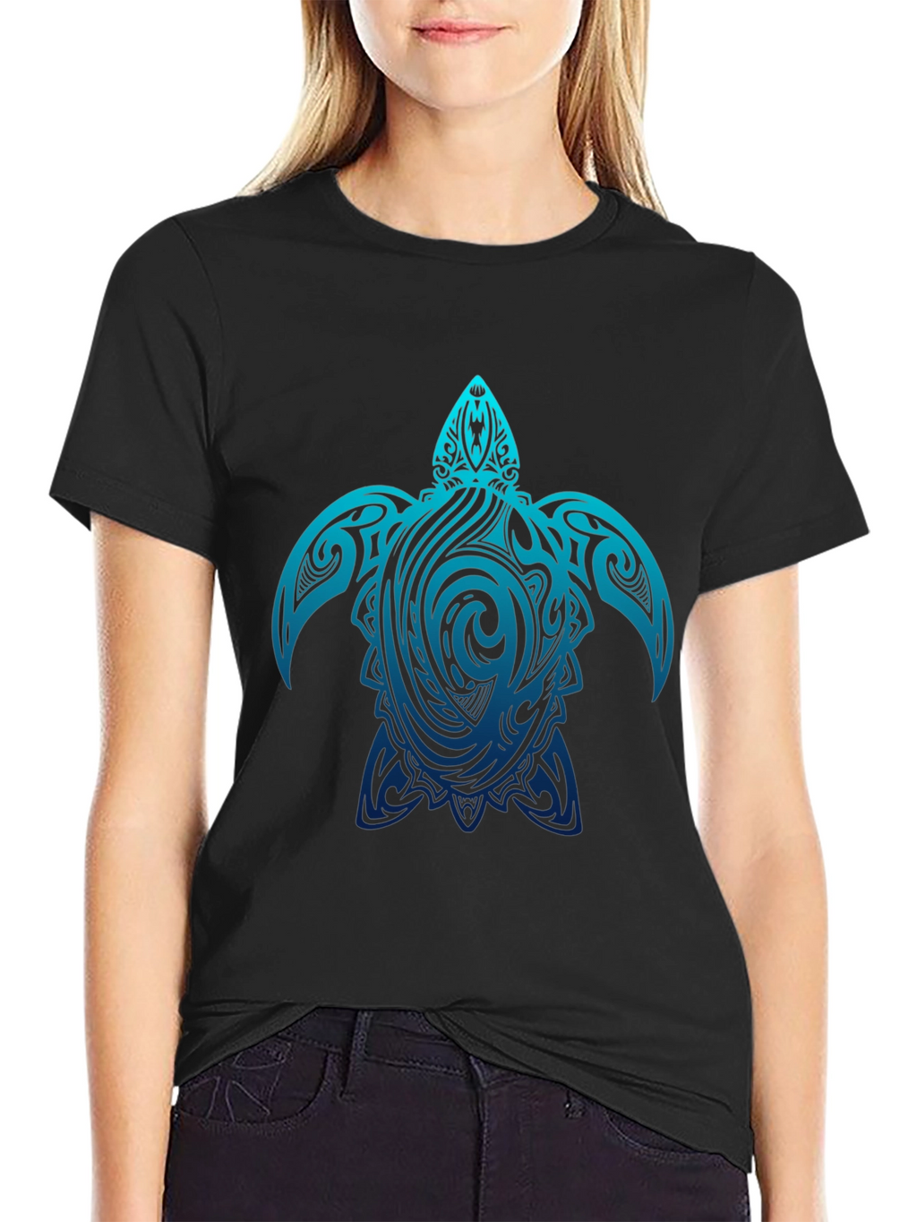 Mens Black T-Shirt with Blue Turtle Tribal Design