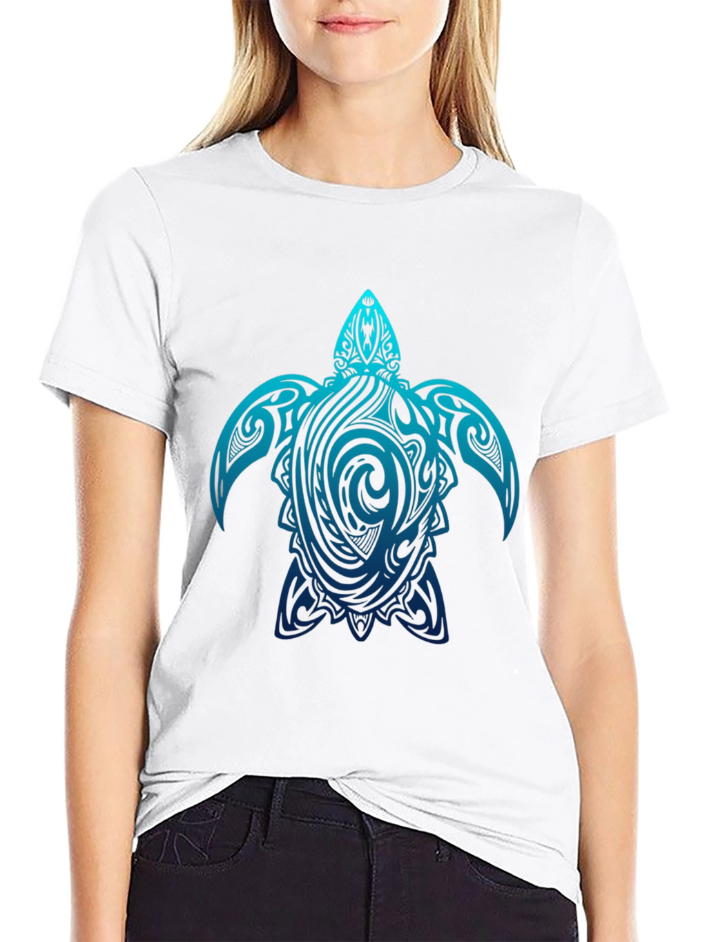 Mens Black T-Shirt with Blue Turtle Tribal Design