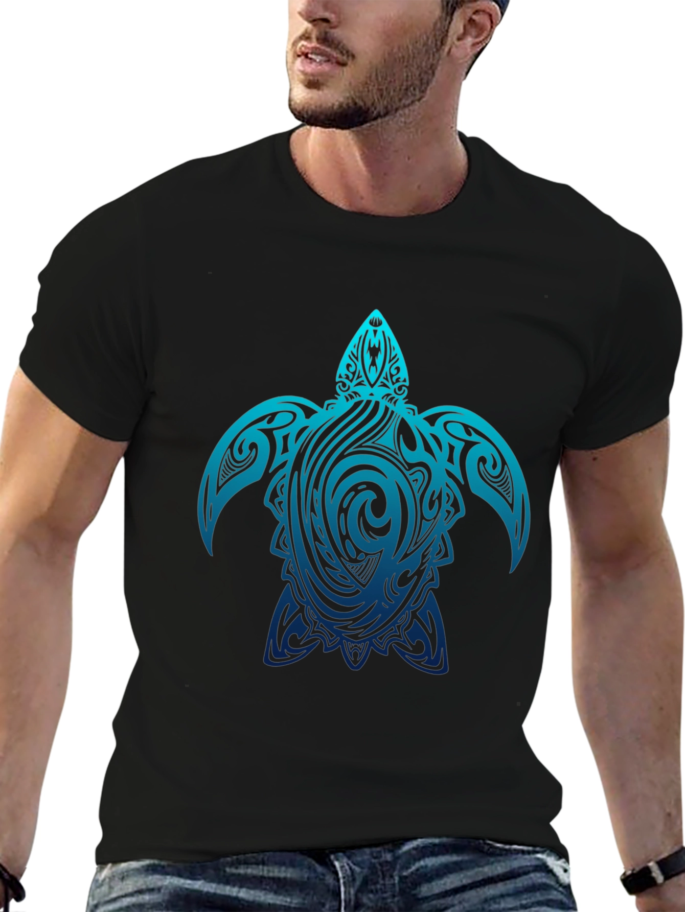 Mens Black T-Shirt with Blue Turtle Tribal Design