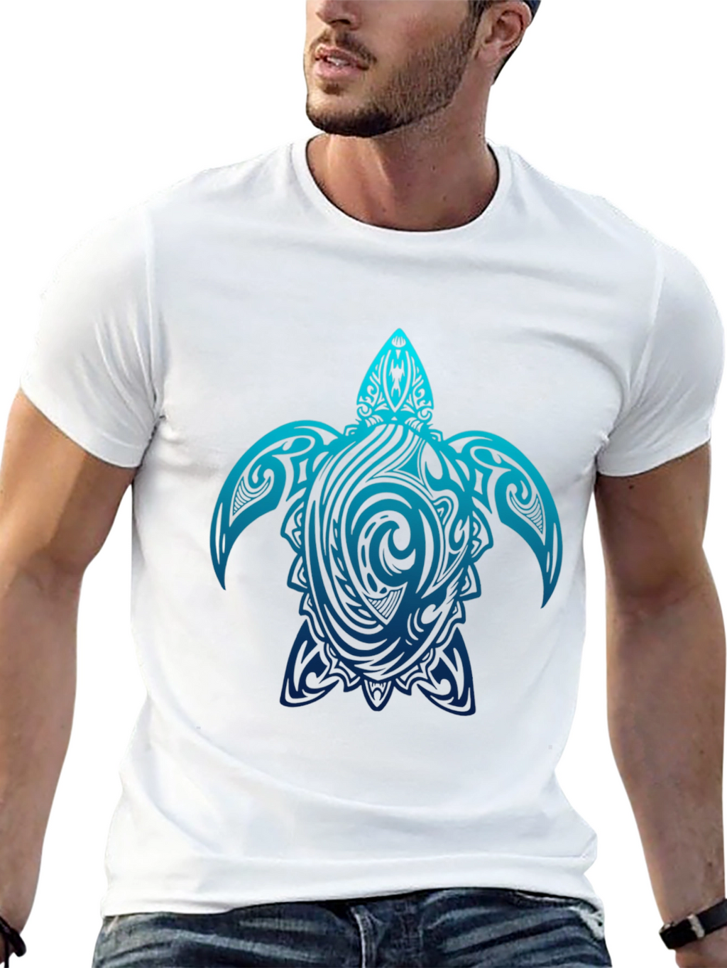 Mens Black T-Shirt with Blue Turtle Tribal Design